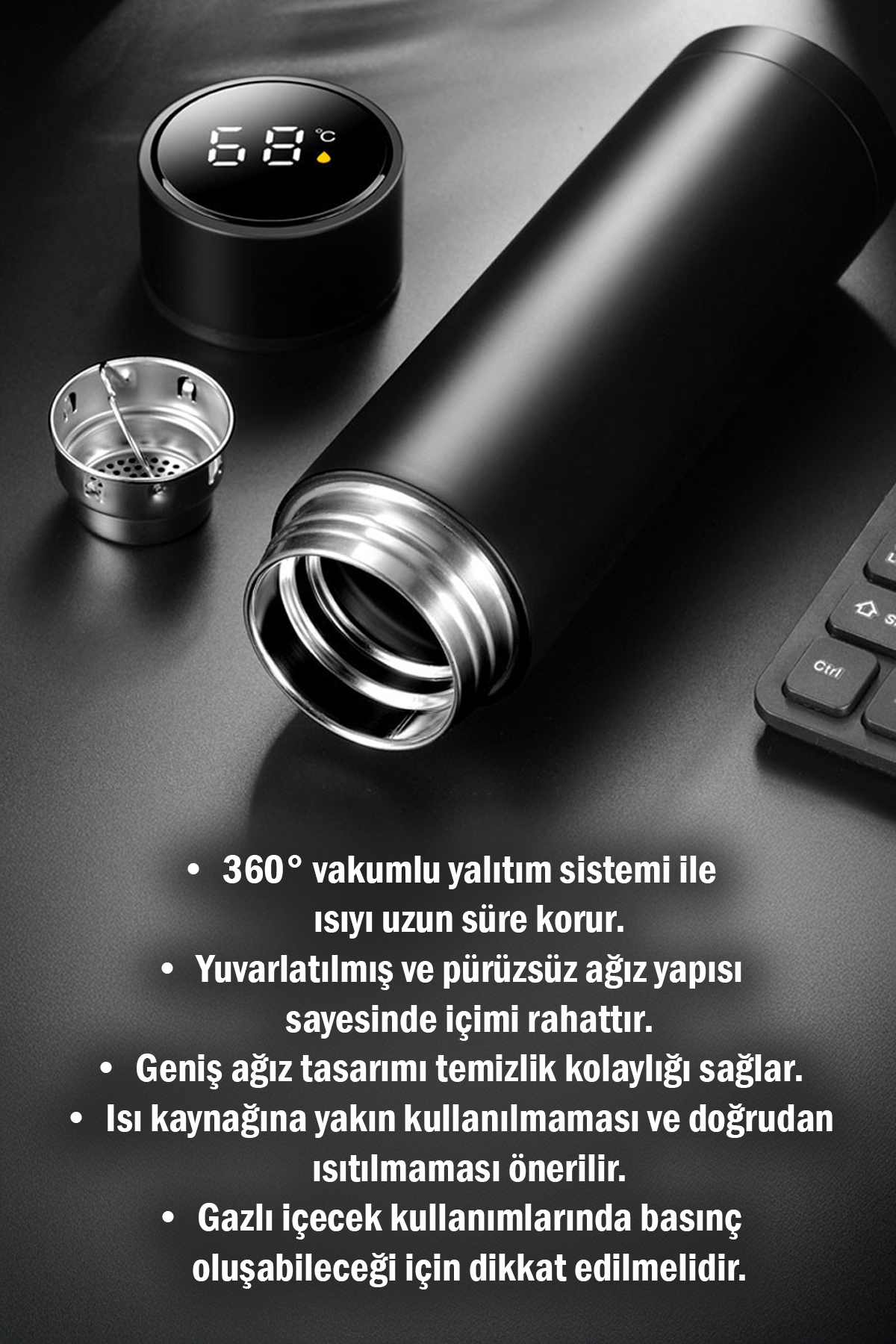 Sıcaklık Göstergeli Termos Dijital Ekranlı Paslanmaz Çelik Akıllı Termos Isı Takibi Sağlayan Kapaklı 500 ml Taşınabilir İç ve Dış Mekân Kullanımı İçin Uygun Şık Tasarımlı Akıllı İçecek Termosu