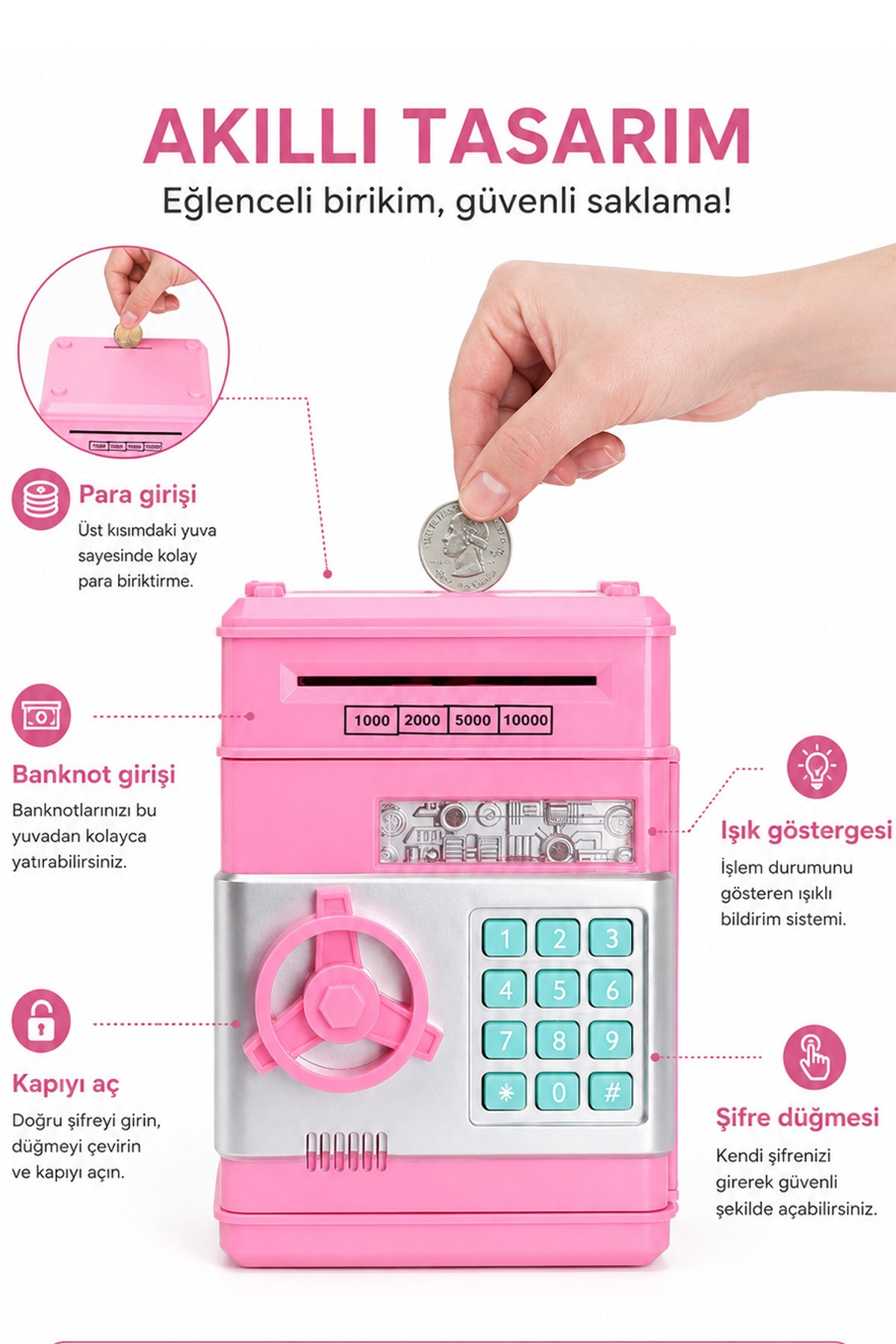 Şifreli Para Kasası Çocuk Kumbarası ATM Elektronik Para Kutusu Kağıt Para ve Madeni Para Hazneli