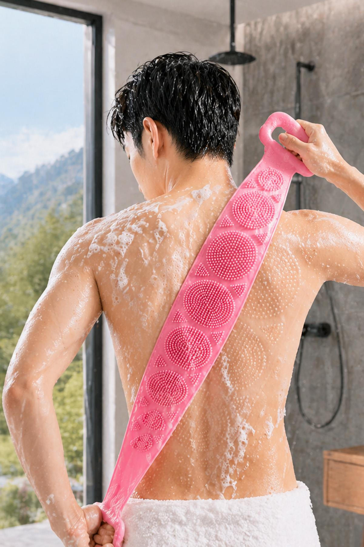 Silikon Sırt Kesesi Duş Lifi Çift Taraflı 70 cm Banyo Fırçası Vücut Temizleme Masaj Aparatı