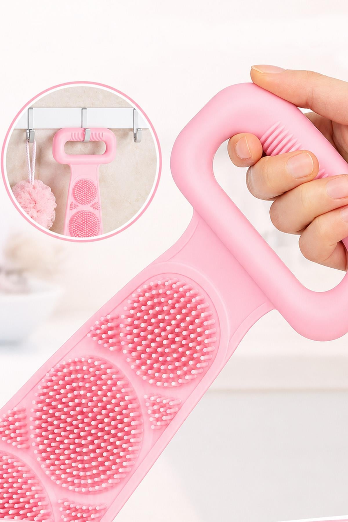 Silikon Sırt Kesesi Duş Lifi Çift Taraflı 70 cm Banyo Fırçası Vücut Temizleme Masaj Aparatı
