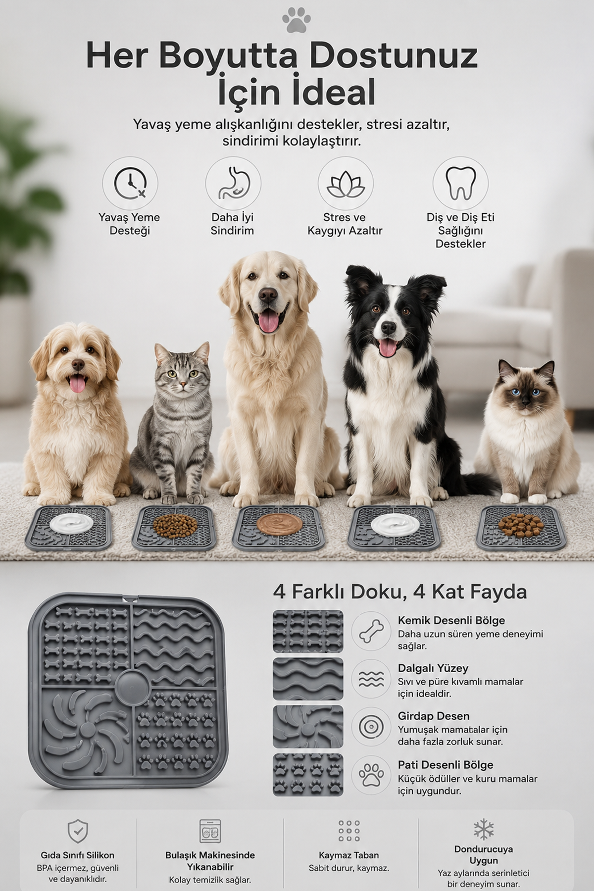 Silikon Yavaş Yeme Kabı ve Mama Matı Kedi Köpek Uyumlu Pratik Besleme Tabağı 20x20 cm
