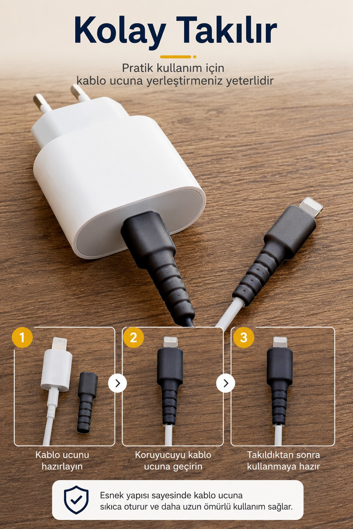 Siyah Apple iPhone Kablo Ucu Koruyucu Silikon Lightning Şarj Kablosu Kırılma Önleyici Aparat