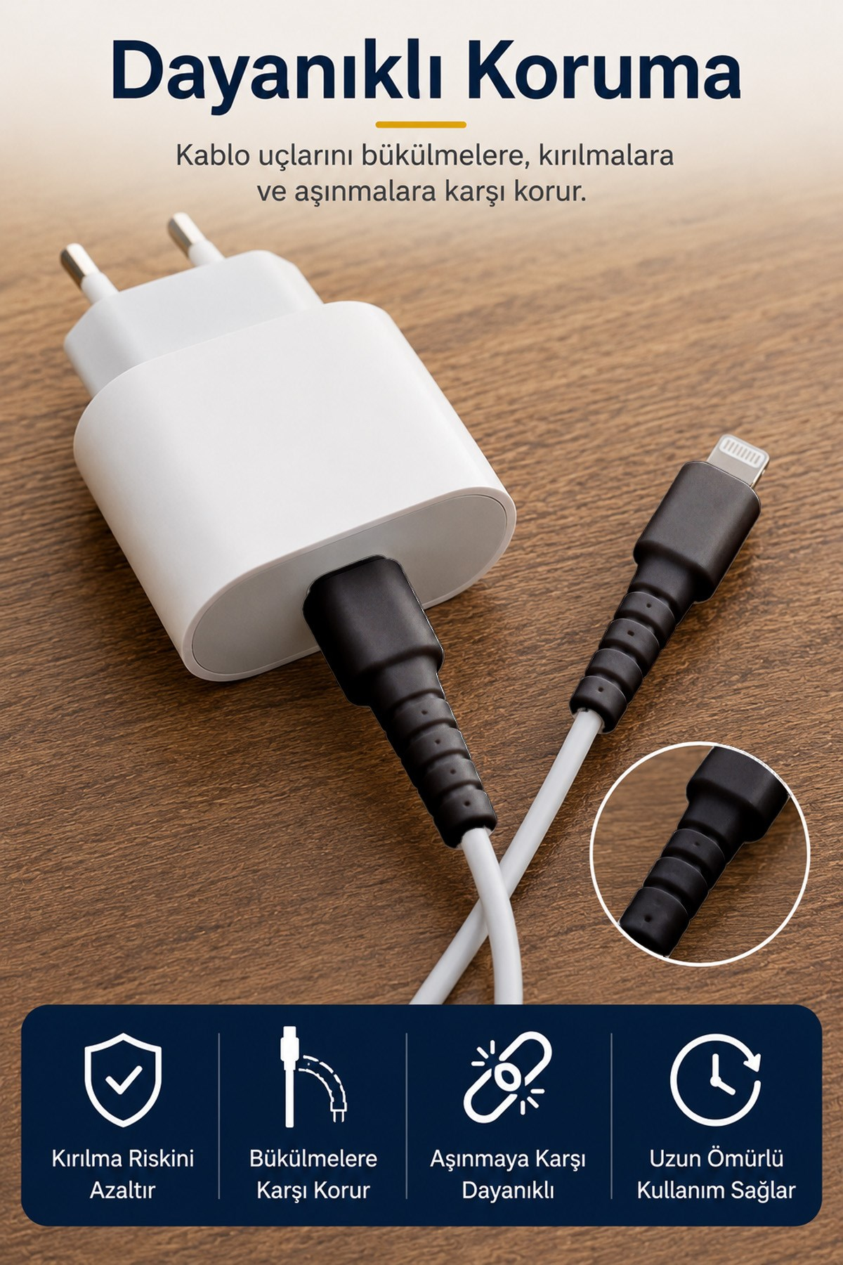 Siyah Apple iPhone Kablo Ucu Koruyucu Silikon Lightning Şarj Kablosu Kırılma Önleyici Aparat
