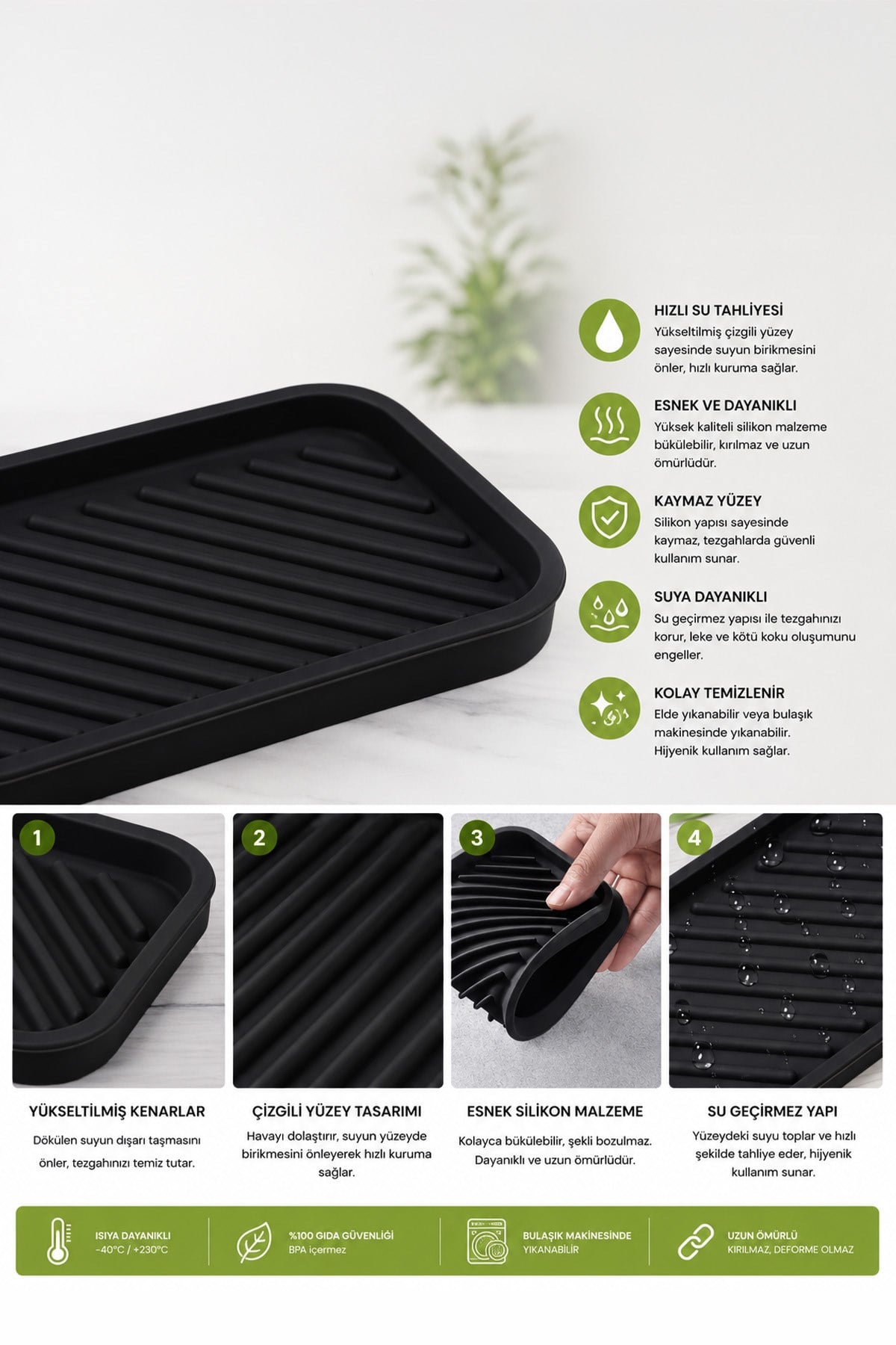 Siyah Silikon Yağdanlık Yağlık Standı Altlık Çok Amaçlı Organizer Sabunluk Altlığı 23x10 Cm