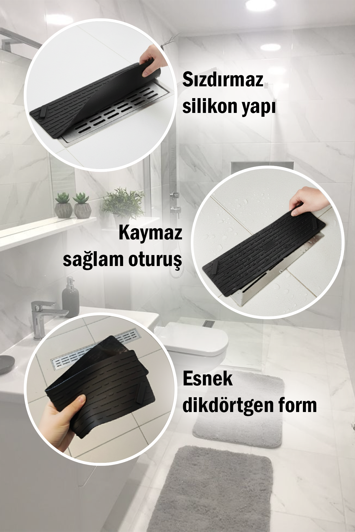 Siyah Uzun Silikon Kötü Koku Önleyici Mat Gider Kapağı Tıpası – Banyo, Mutfak ve Balkon Lavabo Giderleri İçin