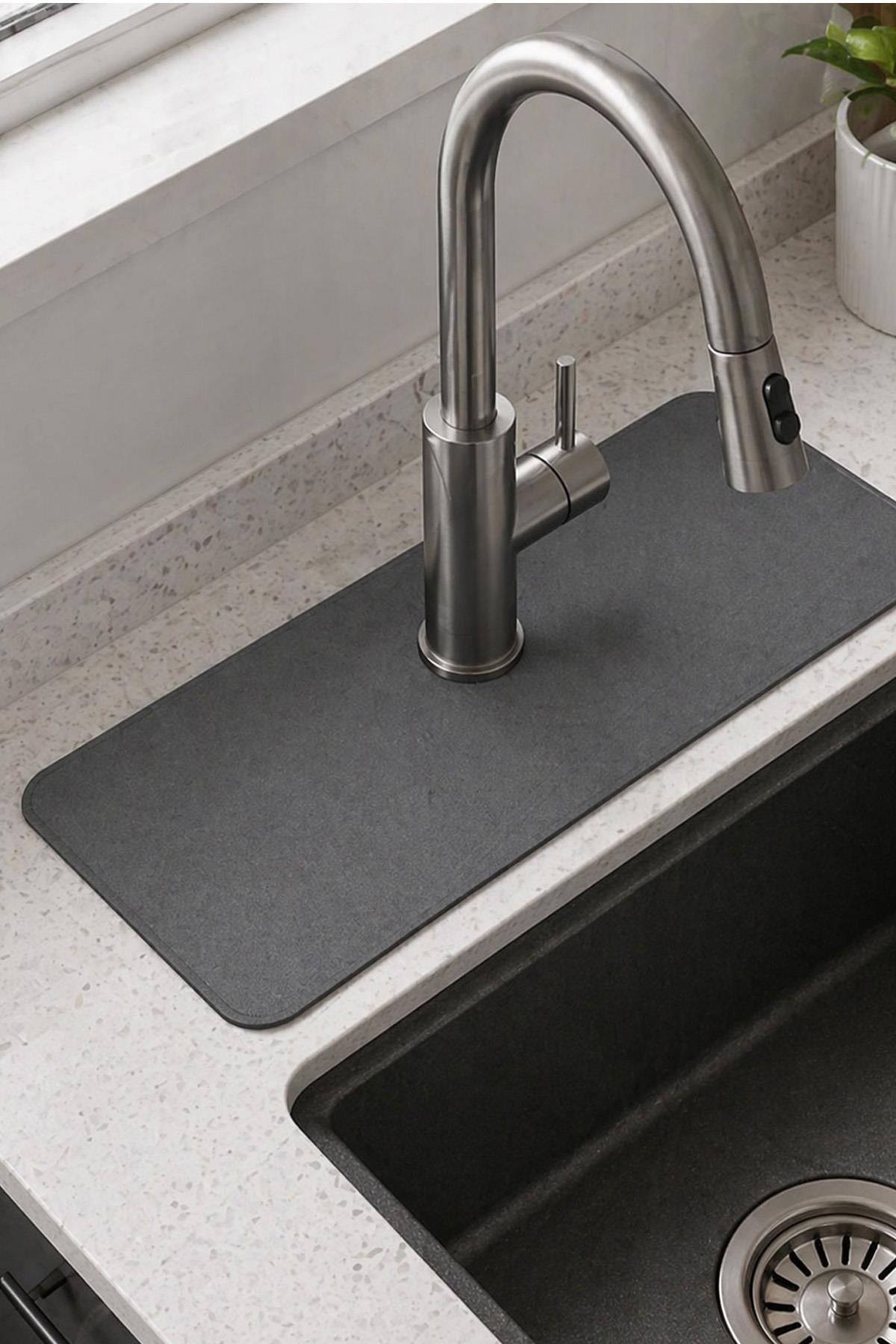 Su Emici Lavabo Kenar Matı 38x14 cm Musluk Altı Kurulama Pedi Kaymaz Mutfak Banyo