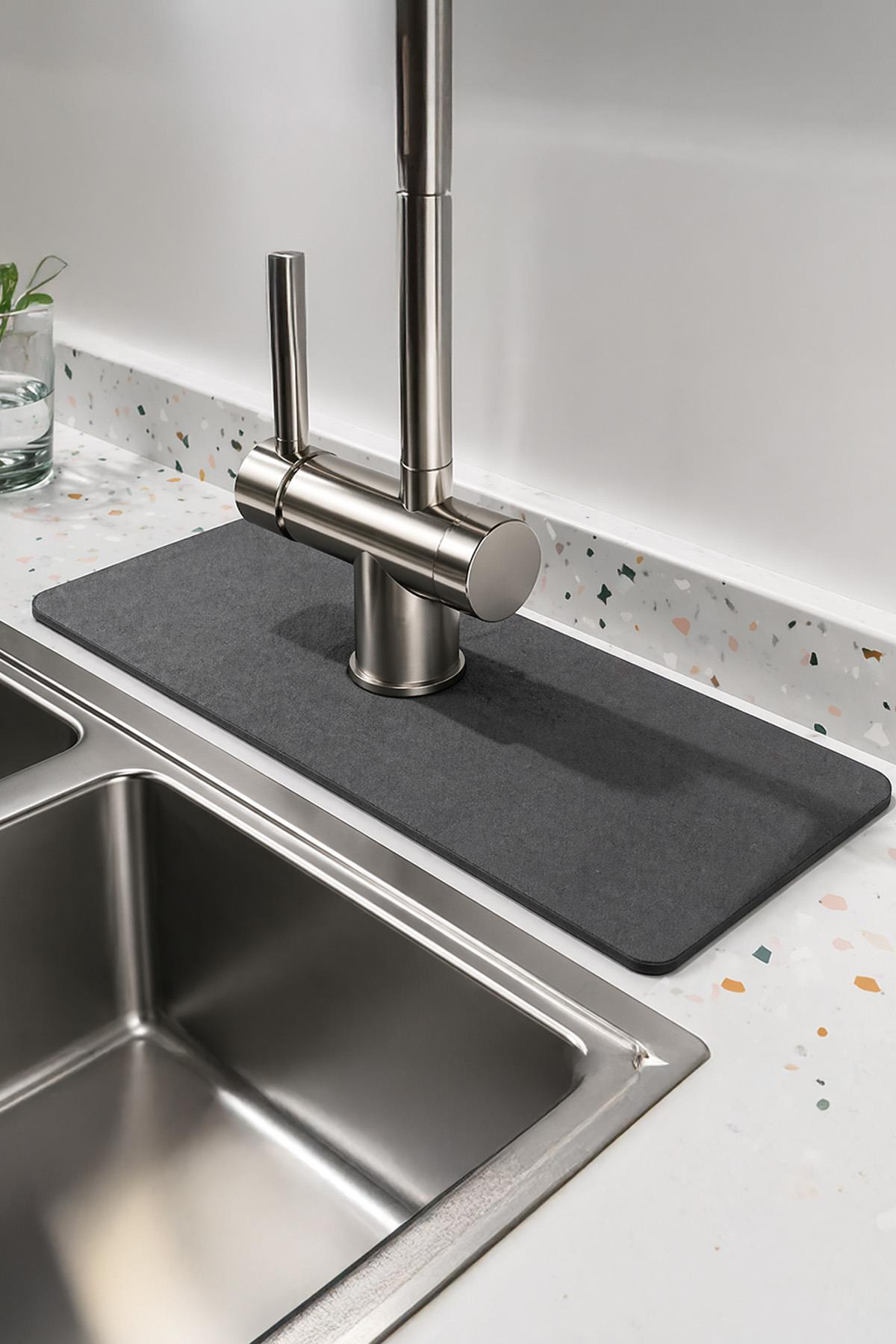 Su Emici Lavabo Kenar Matı 38x14 cm Musluk Altı Kurulama Pedi Kaymaz Mutfak Banyo