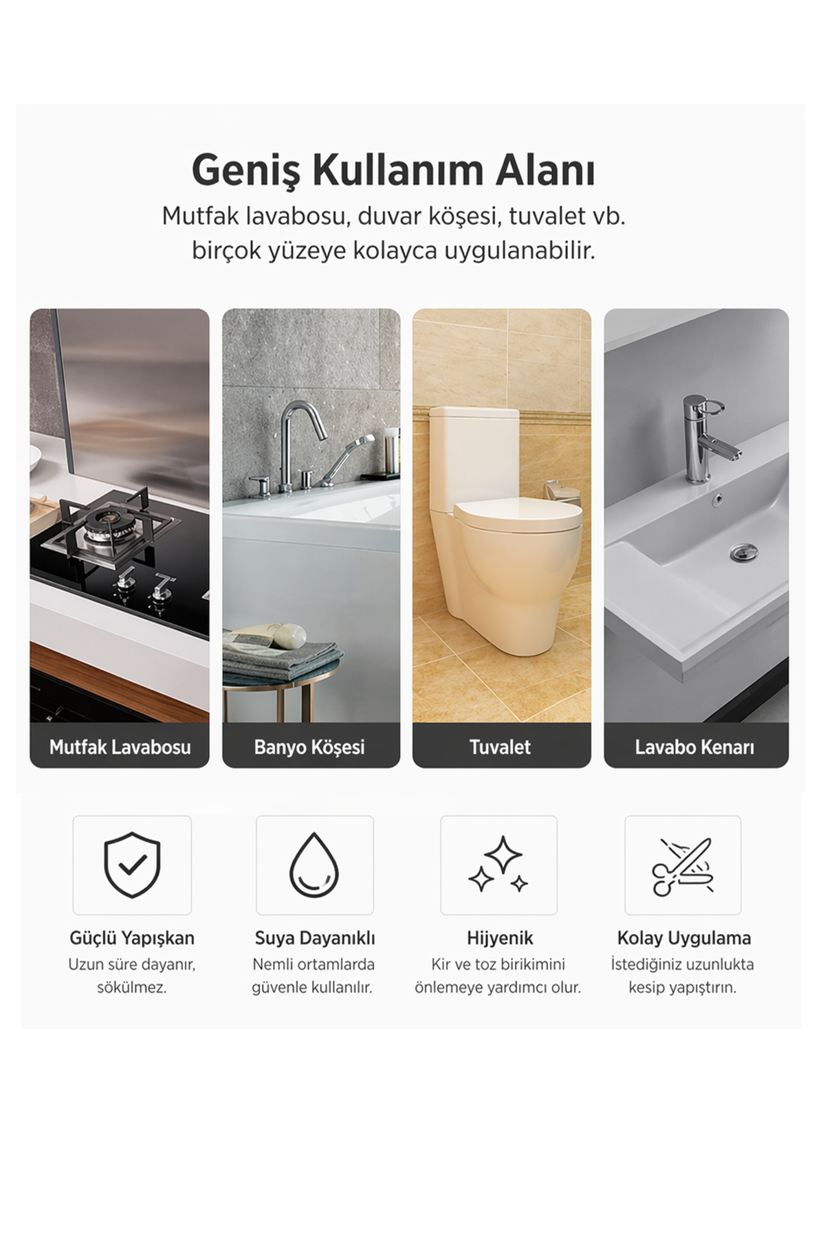 Su Sızdırmaz Bant 3.2 m Gri İzolasyon Lavabo Küvet Tezgah Kenar Duşakabin Yalıtım Bandı