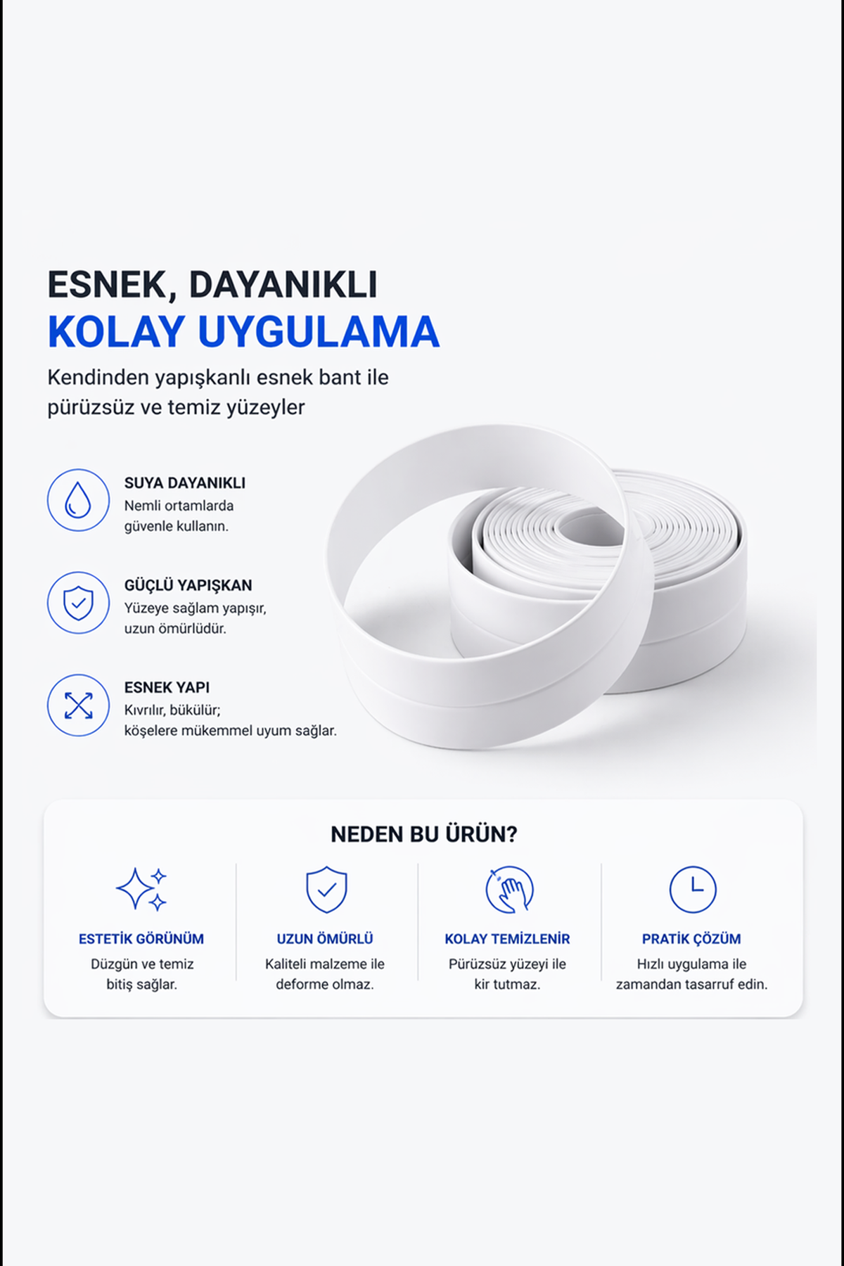 Su Sızdırmaz Bant 3.2 m Gri İzolasyon Lavabo Küvet Tezgah Kenar Duşakabin Yalıtım Bandı