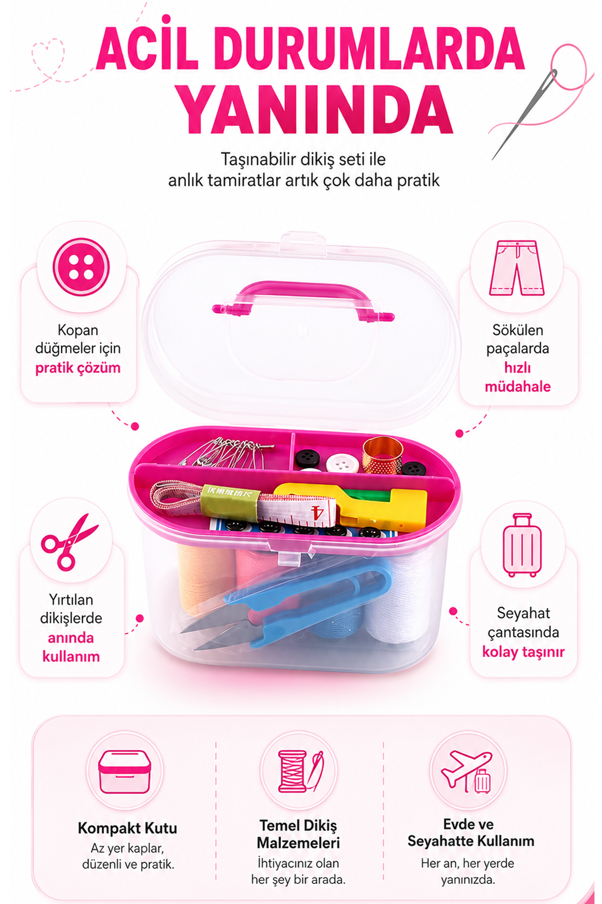 Taşınabilir Dikiş Kutusu Dikiş Seti İğne İplik Makas Düğme Saklama Organizer Kutusu