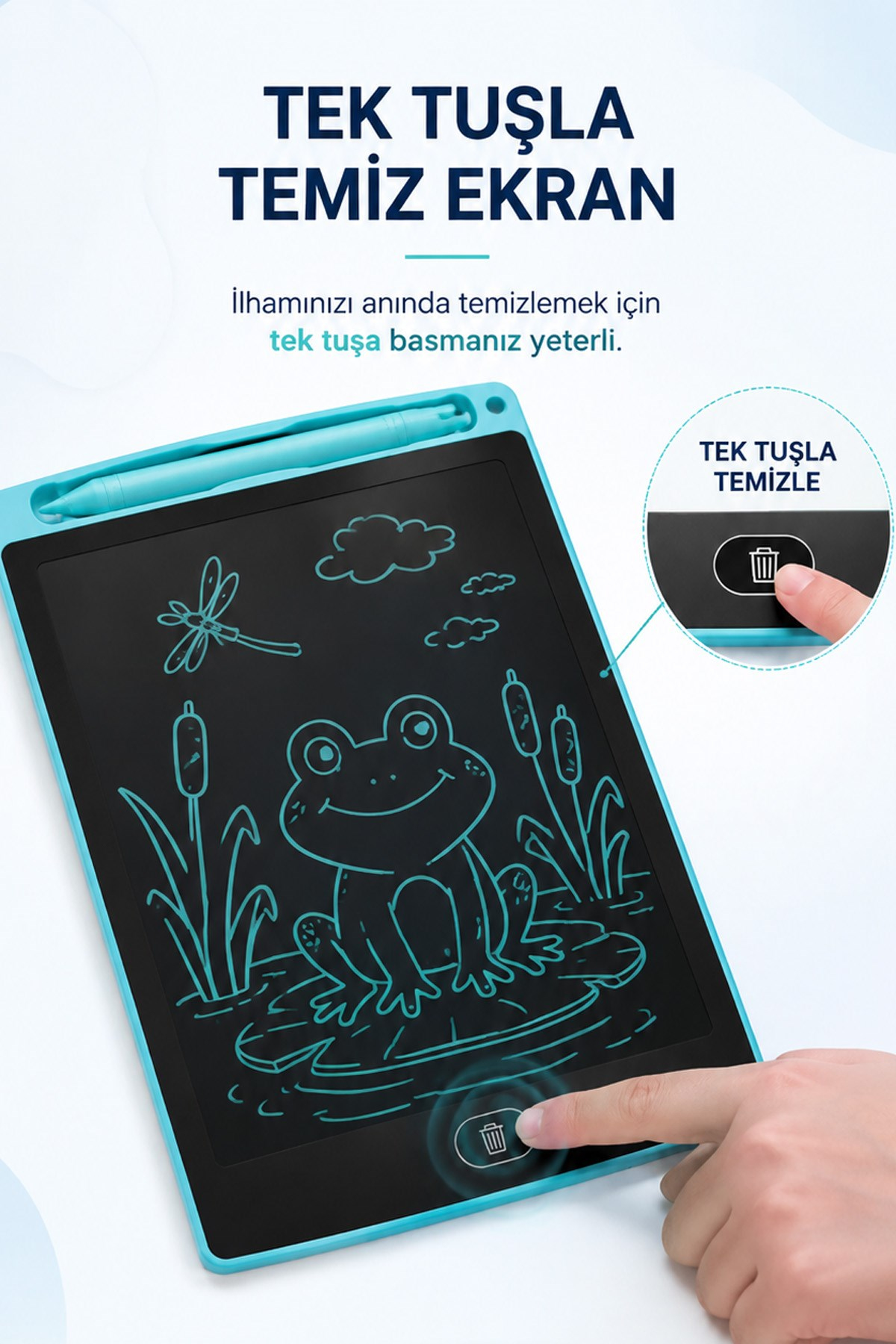 Turkuaz Pilli Tablet Çocuk Yazı Çizim Tableti 8.5 İnç Silinebilir LCD Tahta 22x15 cm