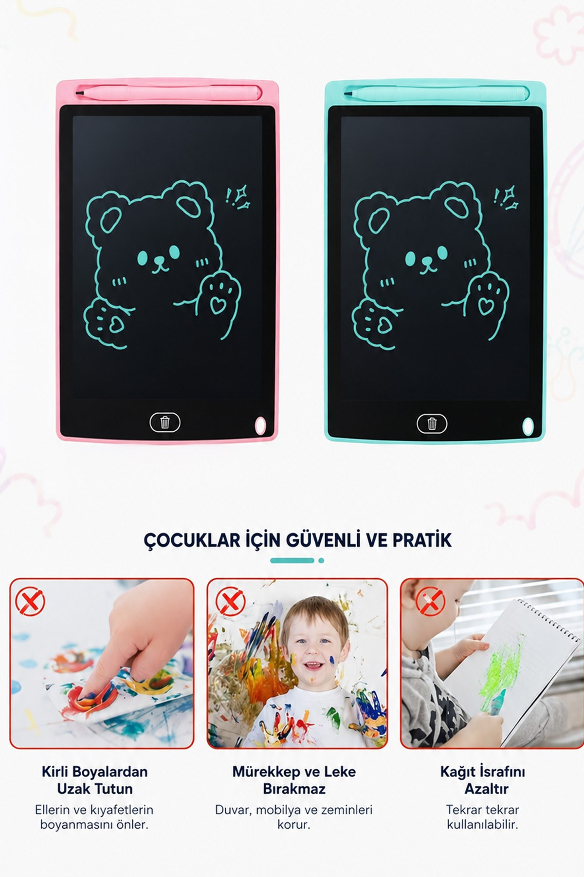 Turkuaz Pilli Tablet Çocuk Yazı Çizim Tableti 8.5 İnç Silinebilir LCD Tahta 22x15 cm