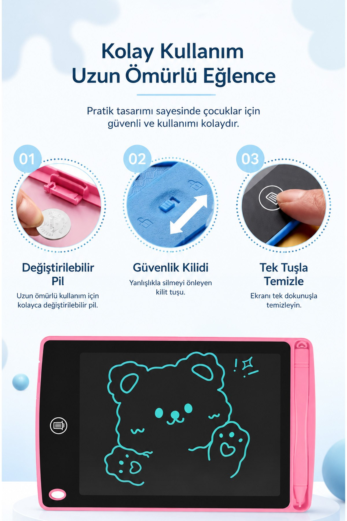 Turkuaz Pilli Tablet Çocuk Yazı Çizim Tableti 8.5 İnç Silinebilir LCD Tahta 22x15 cm