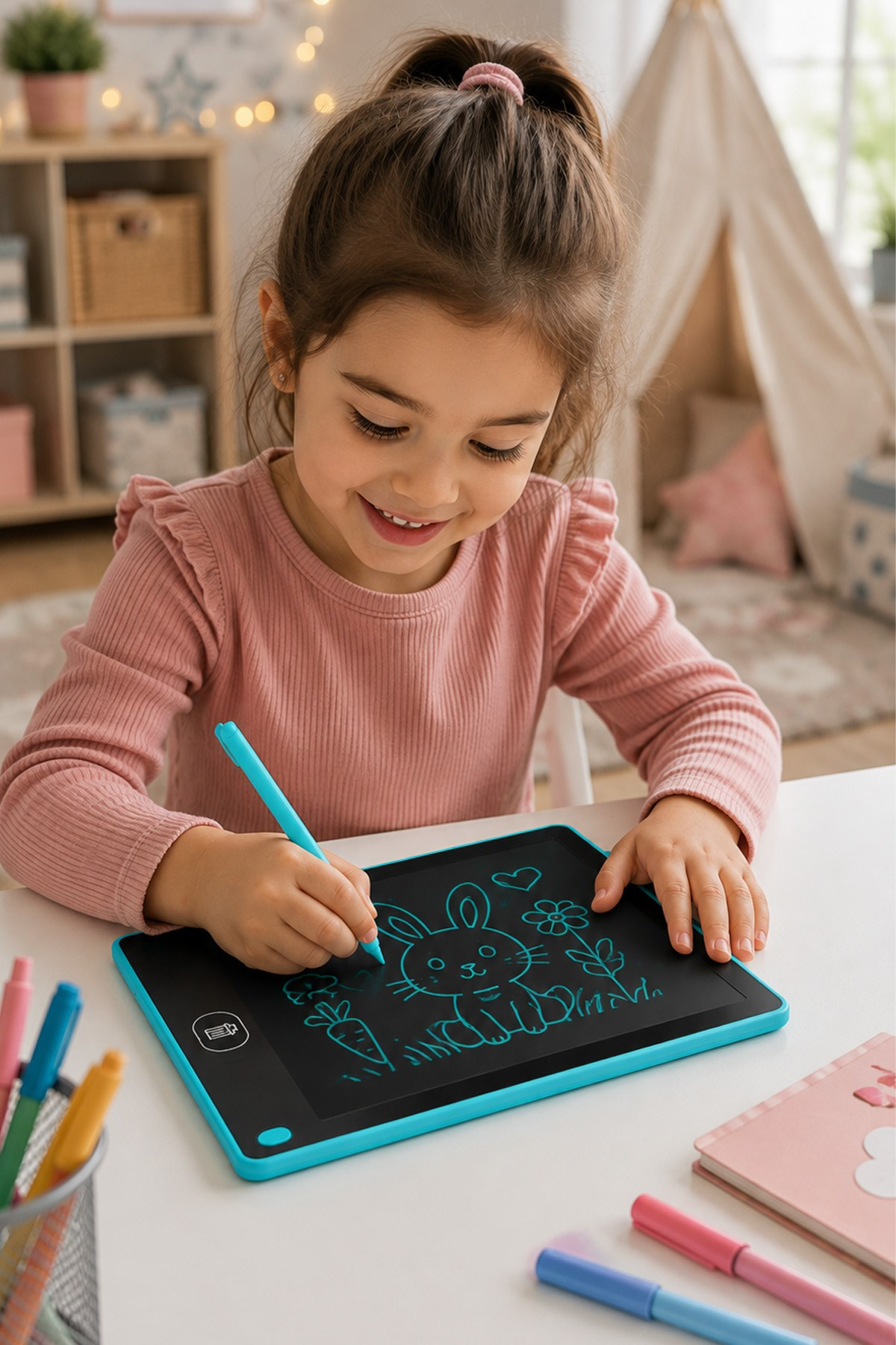 Turkuaz Pilli Tablet Çocuk Yazı Çizim Tableti 8.5 İnç Silinebilir LCD Tahta 22x15 cm