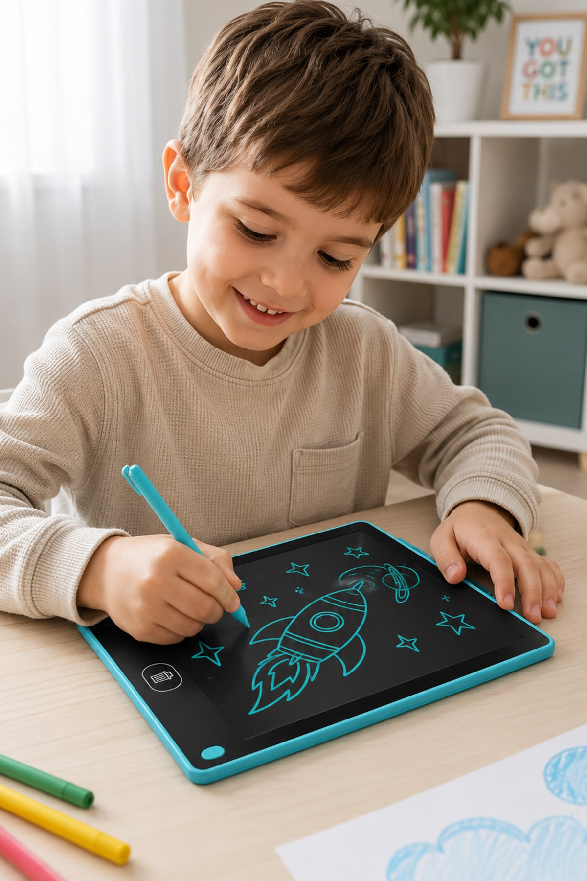 Turkuaz Pilli Tablet Çocuk Yazı Çizim Tableti 8.5 İnç Silinebilir LCD Tahta 22x15 cm