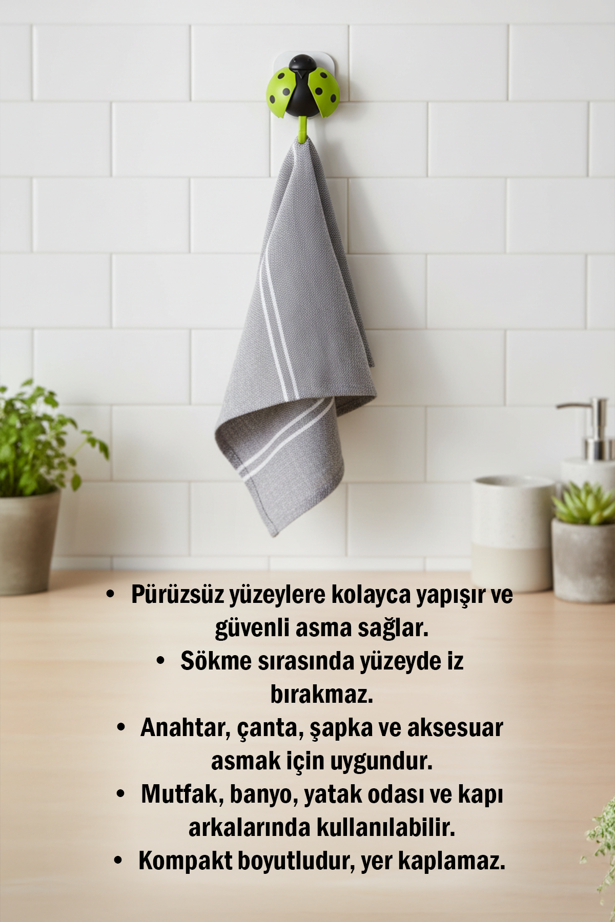 Uğur Böceği Tasarımlı Askılık – Kanatları Açılan, Yapışkanlı Duvara Asılabilir Çanta, Havlu ve Anahtarlık Askısı