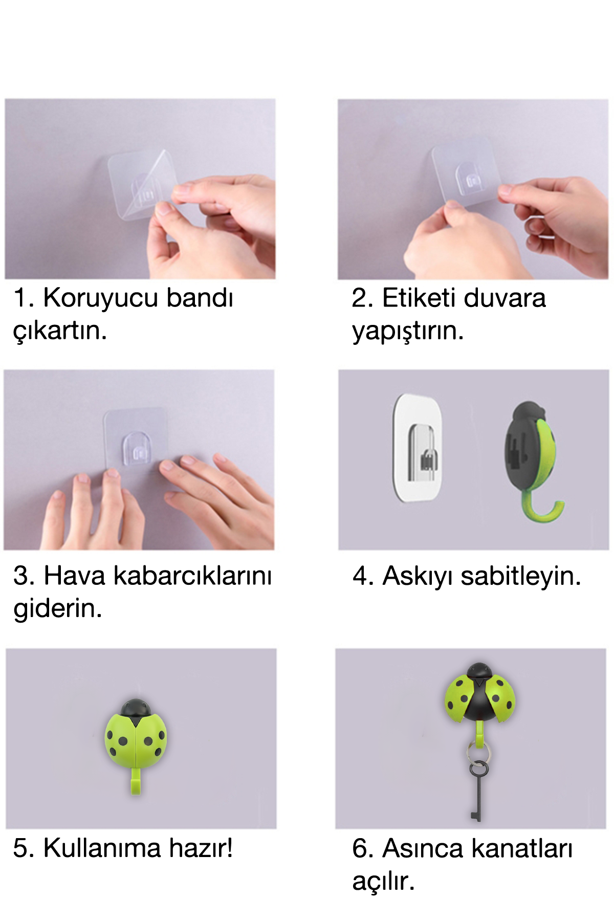Uğur Böceği Tasarımlı Askılık – Kanatları Açılan, Yapışkanlı Duvara Asılabilir Çanta, Havlu ve Anahtarlık Askısı