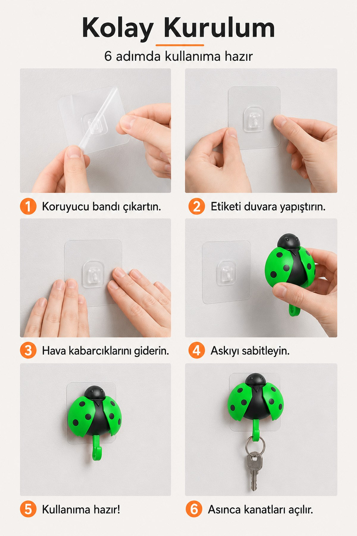 Uğur Böceği Tasarımlı Yapışkanlı Duvar Askısı Çanta Havlu Anahtar Askılık 15x14 cm