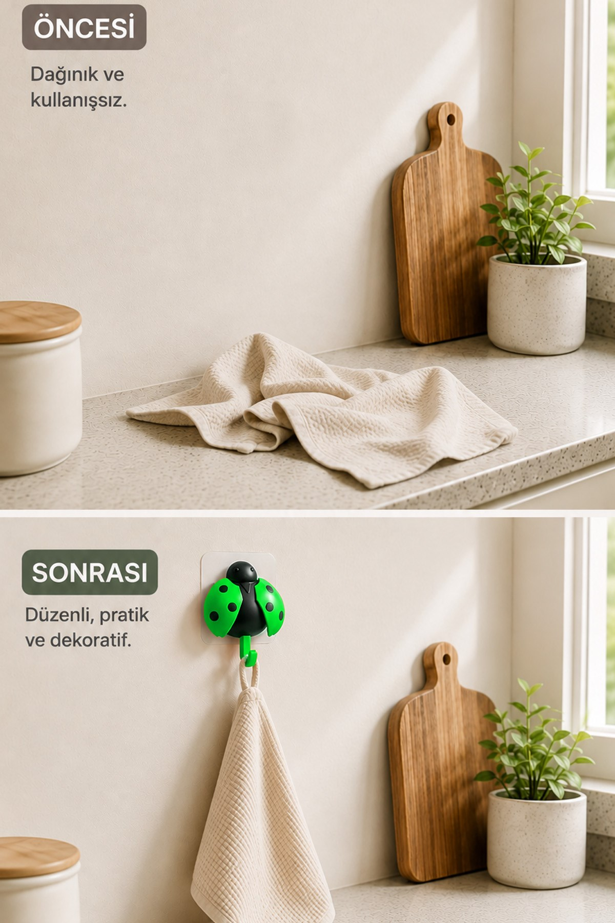 Uğur Böceği Tasarımlı Yapışkanlı Duvar Askısı Çanta Havlu Anahtar Askılık 15x14 cm