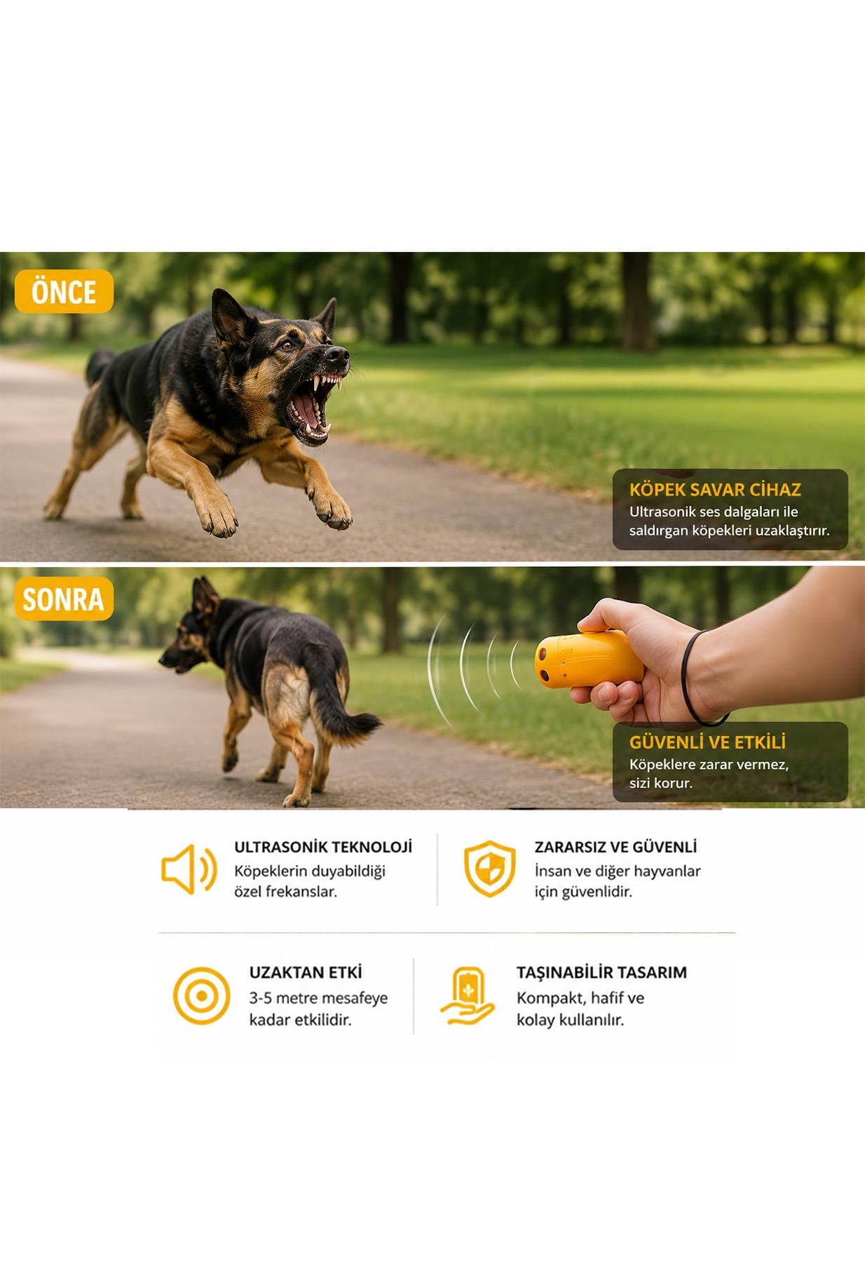 Ultrasonik Köpek Kovucu Eğitim Cihazı El Fenerli Taşınabilir Uzaklaştırıcı Cihaz