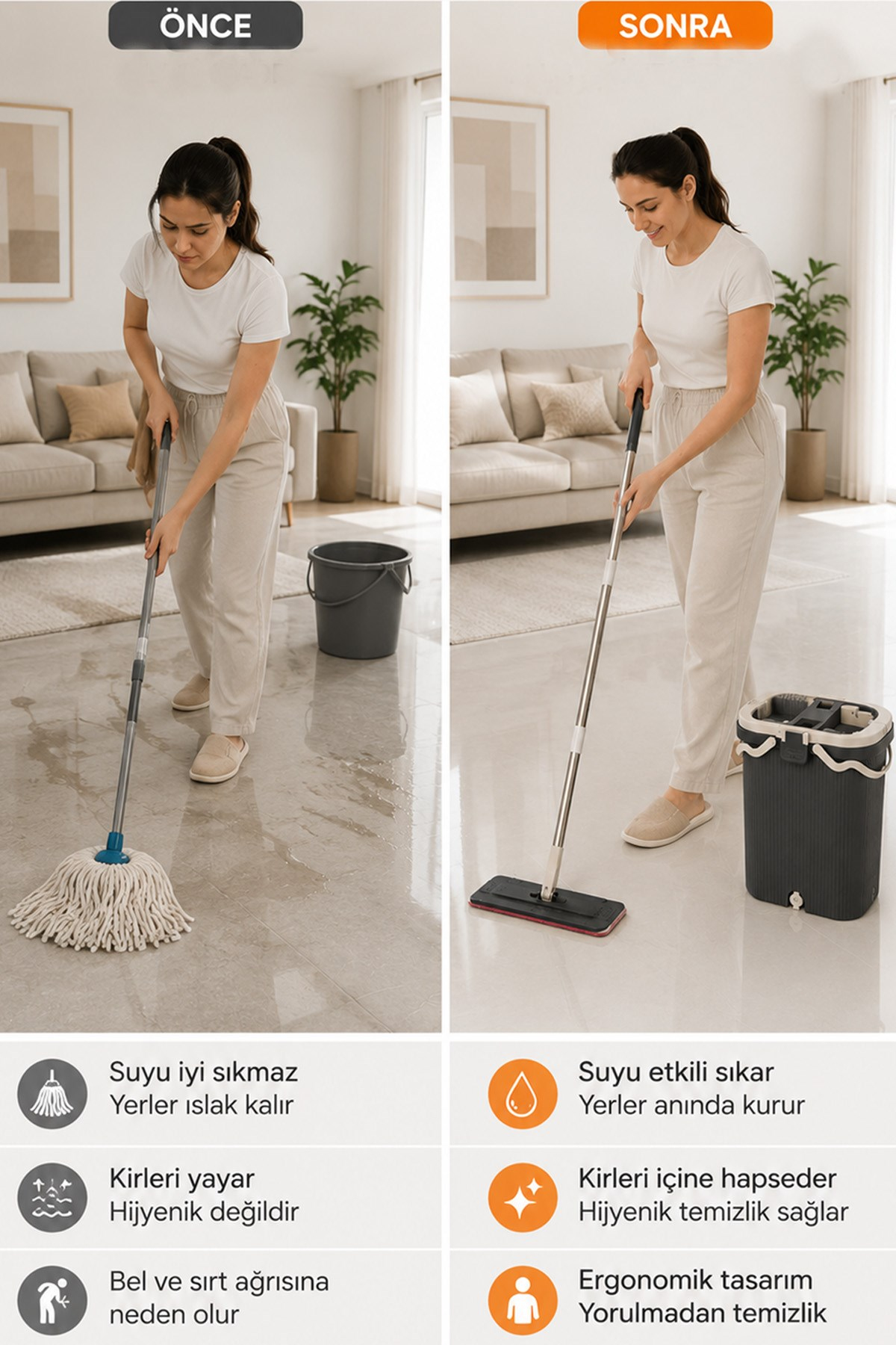 VIPSET Pro Tablet Mop Temizlik Seti %100 Temiz Su Antrasit – Temiz & Kirli Su Ayrımlı VP-601