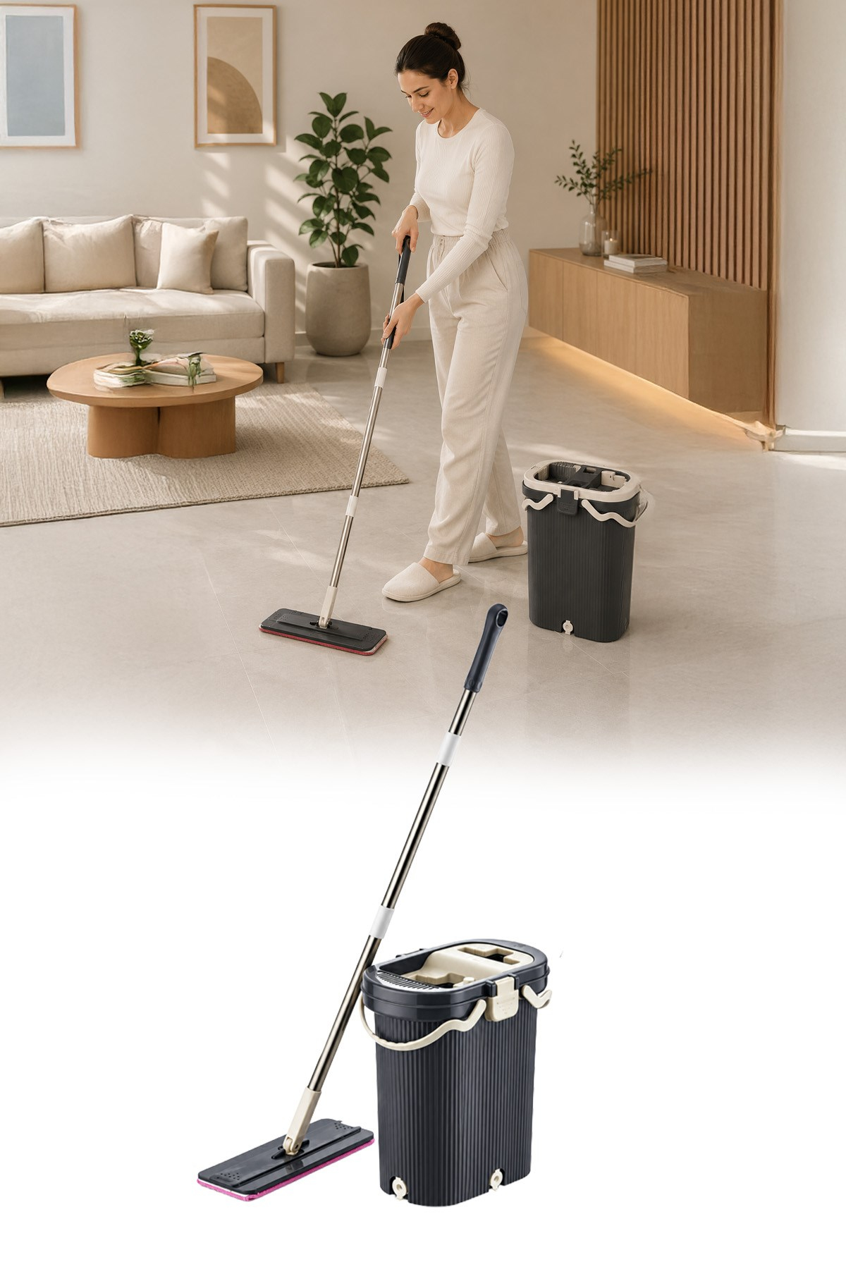 VIPSET Pro Tablet Mop Temizlik Seti %100 Temiz Su Antrasit – Temiz & Kirli Su Ayrımlı VP-601