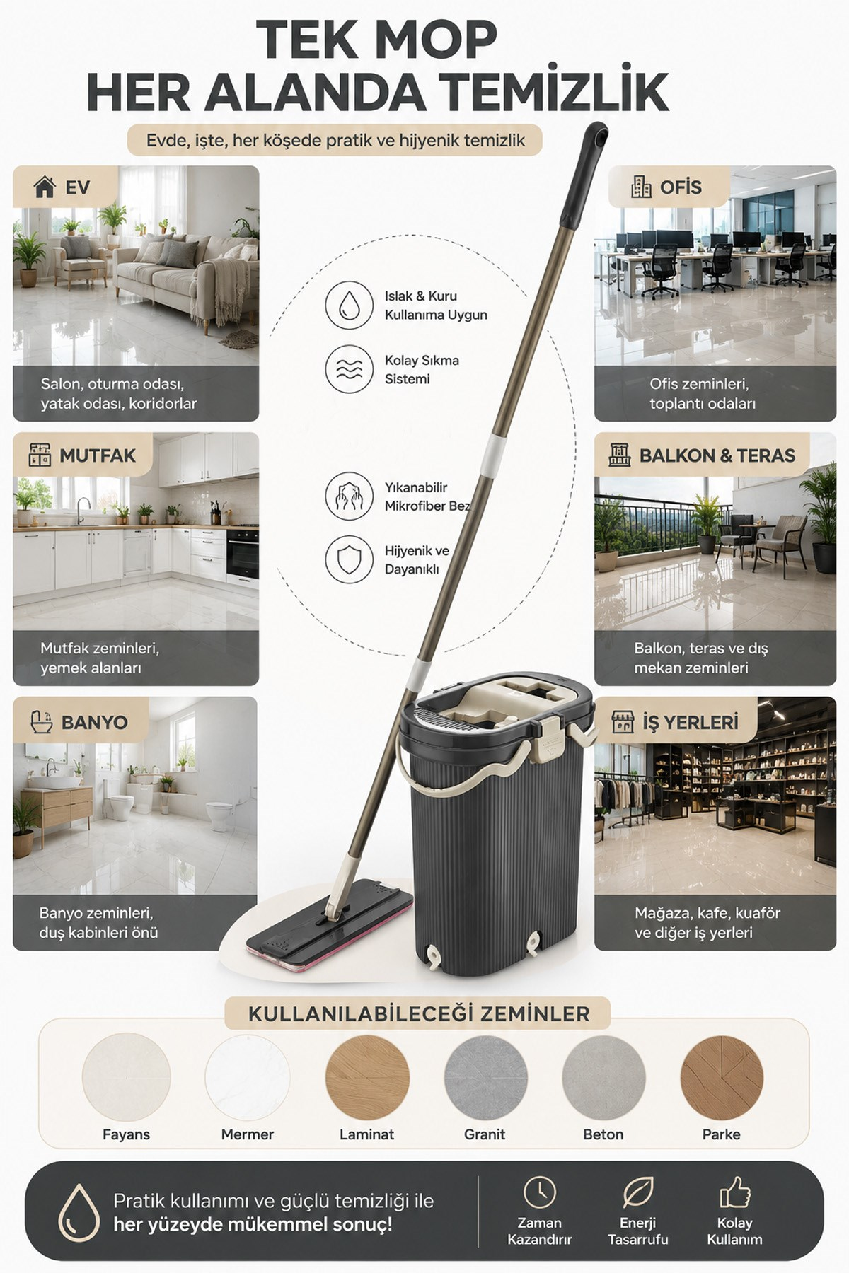 VIPSET Pro Tablet Mop Temizlik Seti %100 Temiz Su Antrasit – Temiz & Kirli Su Ayrımlı VP-601