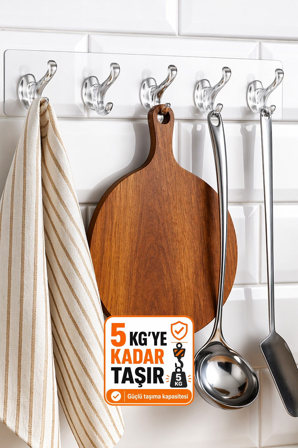Yapışkanlı 5 Kancalı Askı Şeffaf Duvar Organizer Banyo Mutfak Çoklu Askı Aparatı