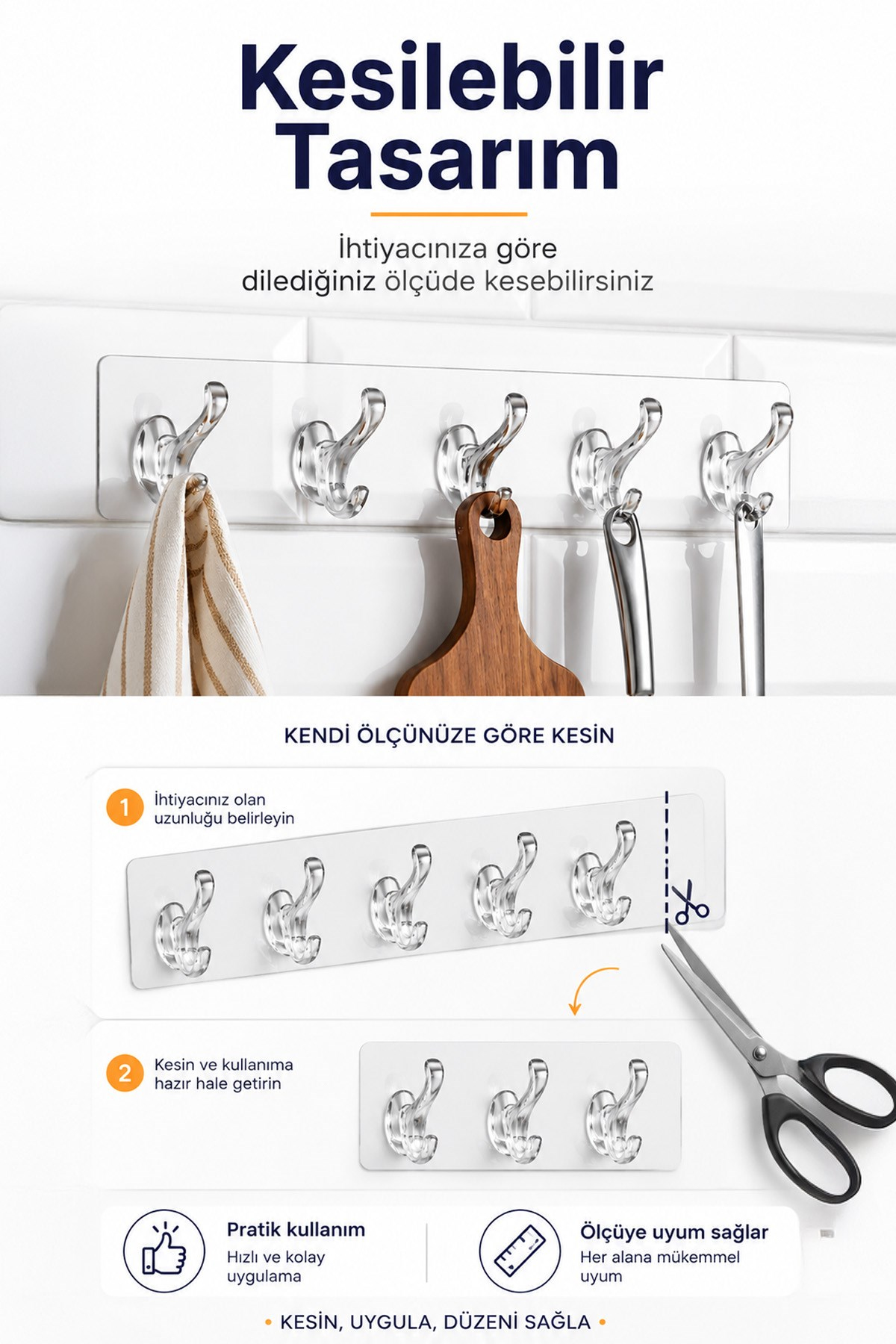 Yapışkanlı 5 Kancalı Askı Şeffaf Duvar Organizer Banyo Mutfak Çoklu Askı Aparatı