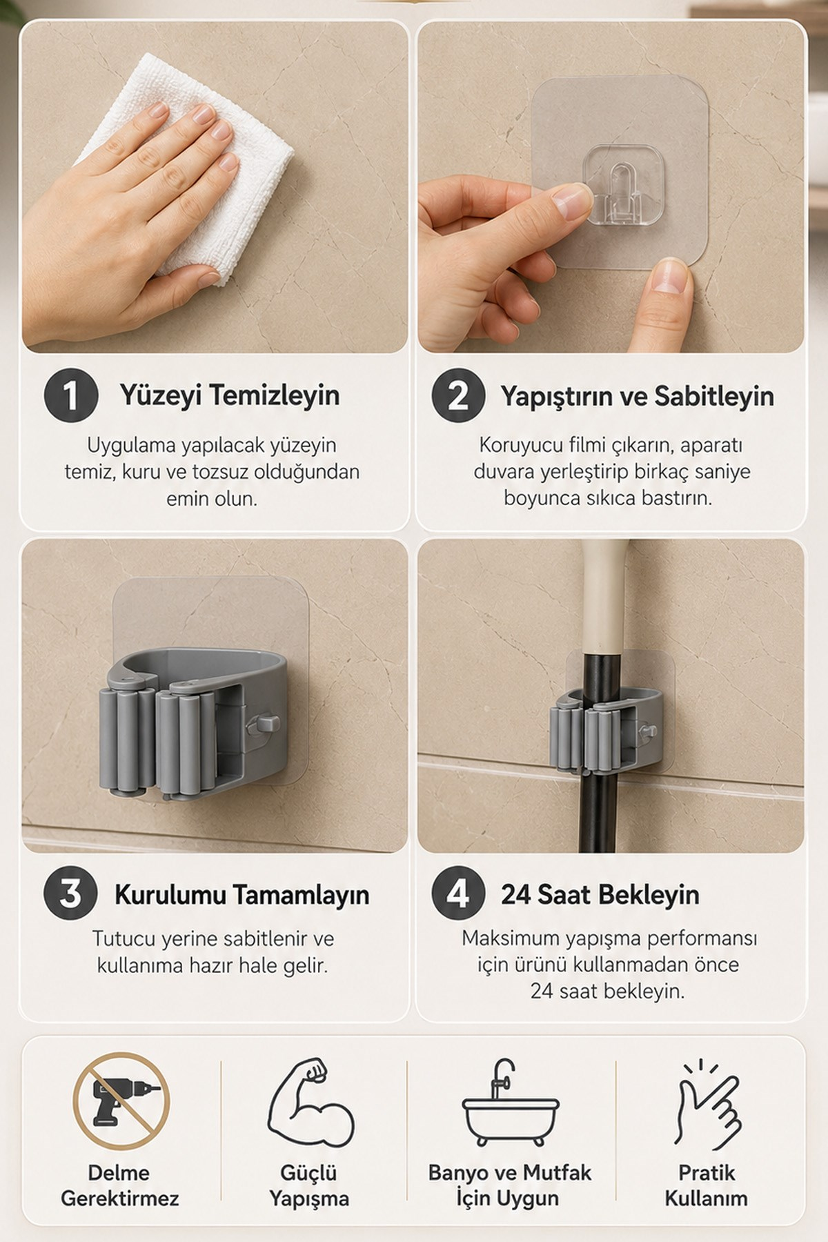 Yapışkanlı Mop Askısı Süpürge Paspas Tutucu Duvar Organizer Düzenleyici Banyo 6 cm