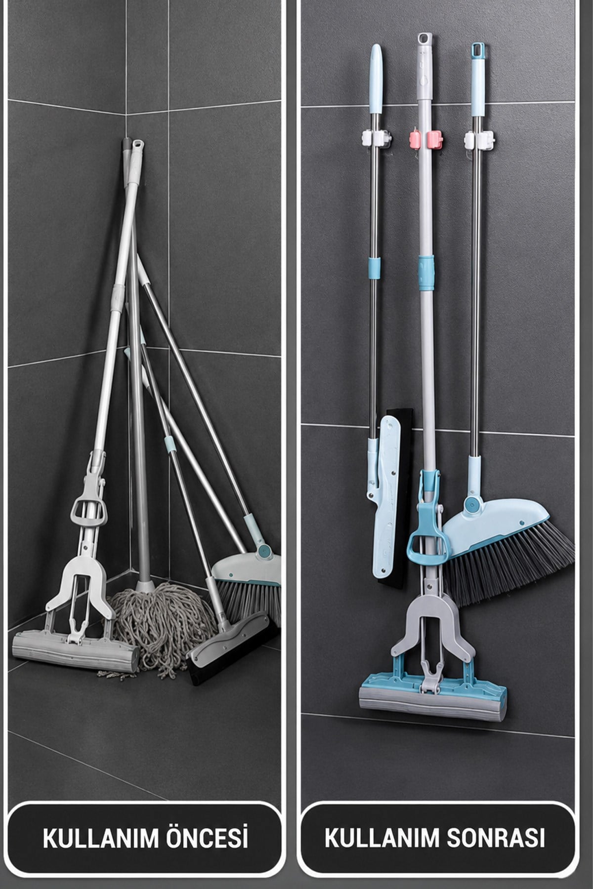 Yapışkanlı Mop Askısı Süpürge Paspas Tutucu Duvar Organizer Düzenleyici Banyo 6 cm