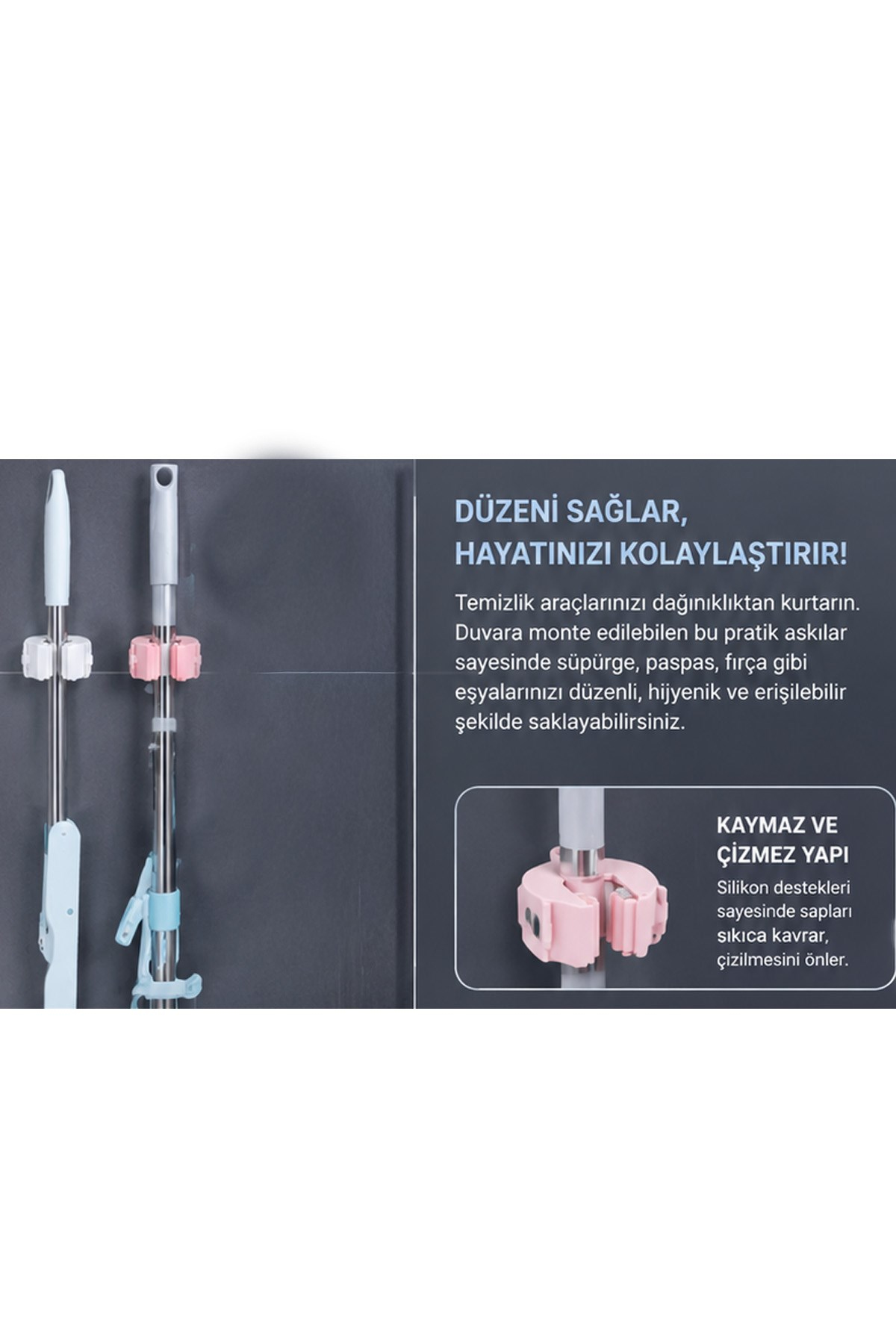 Yapışkanlı Mop Askısı Süpürge Paspas Tutucu Duvar Organizer Düzenleyici Banyo 6 cm