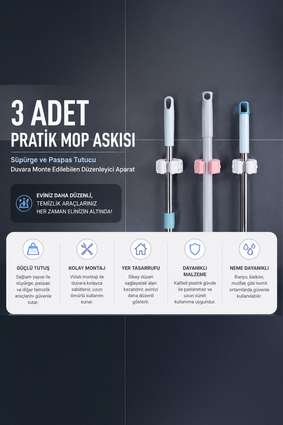 Yapışkanlı Mop Askısı Süpürge Paspas Tutucu Duvar Organizer Düzenleyici Banyo 6 cm