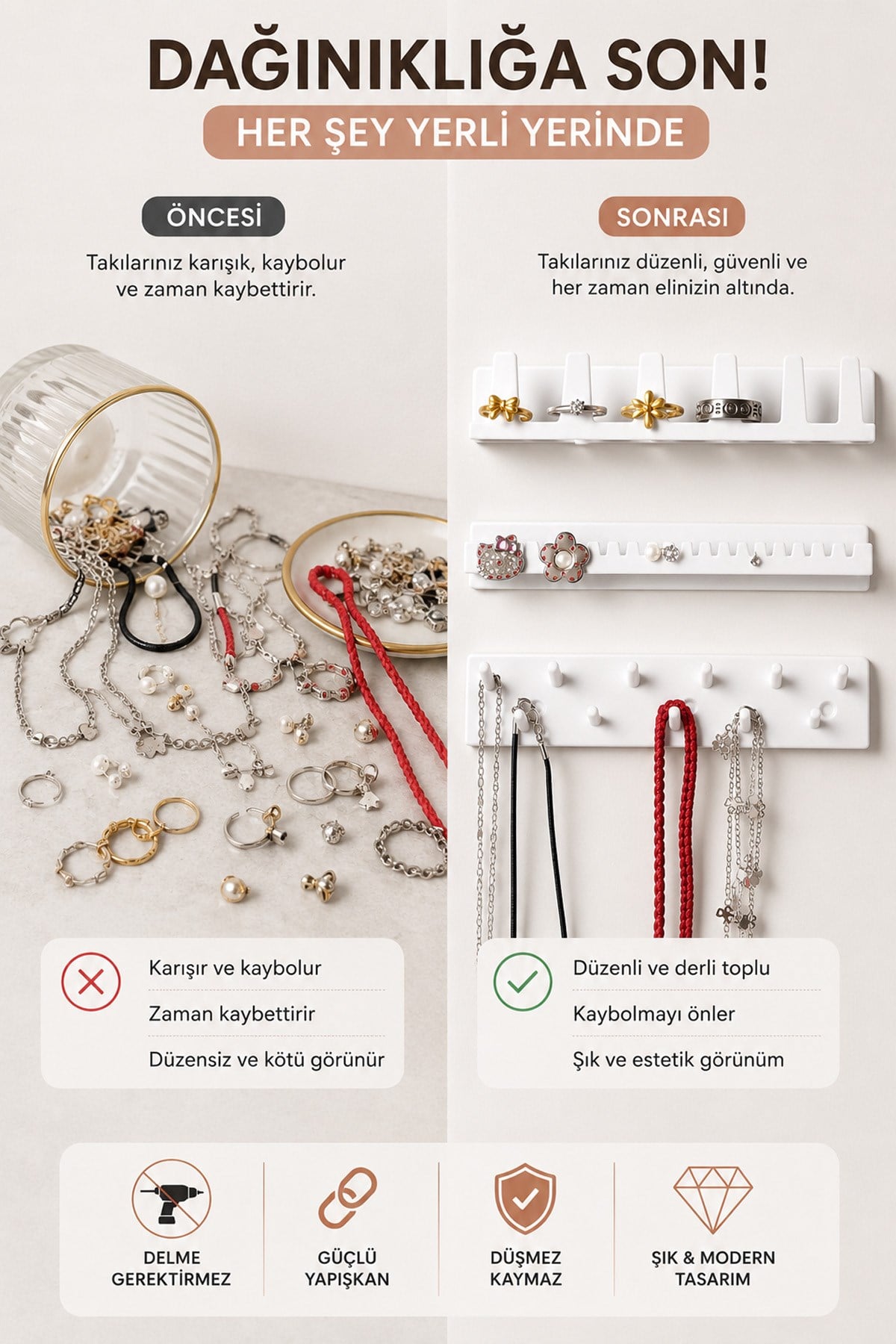 Yapışkanlı Takı Organizer Askısı Kolye Küpe Yüzük Bileklik Düzenleyici Takı Askılığı