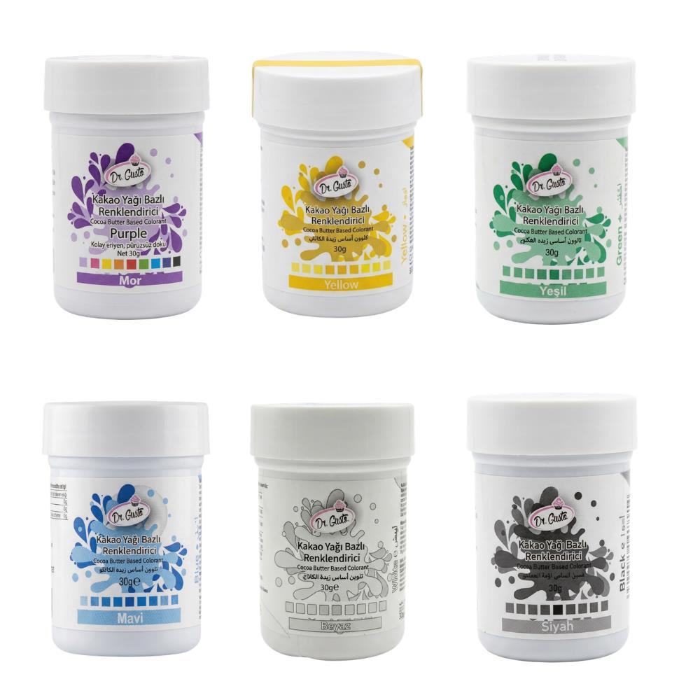 Çikolata Boyası 30 GR 6’lı Set – Mor, Siyah, Mavi, Yeşil, Beyaz Yağ Bazlı Gıda Boyası (Kakao Yağı & Çikolata İçin)