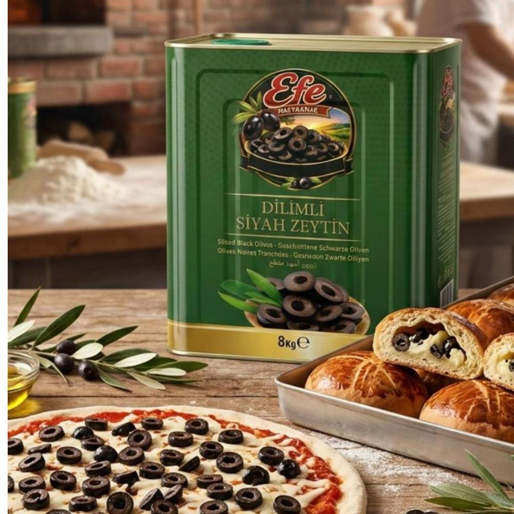 Dilimli Siyah Zeytin 8 Kg – Pizza, Poğaça ve Pastane Ürünleri İçin Hazır Dilim Siyah Zeytin