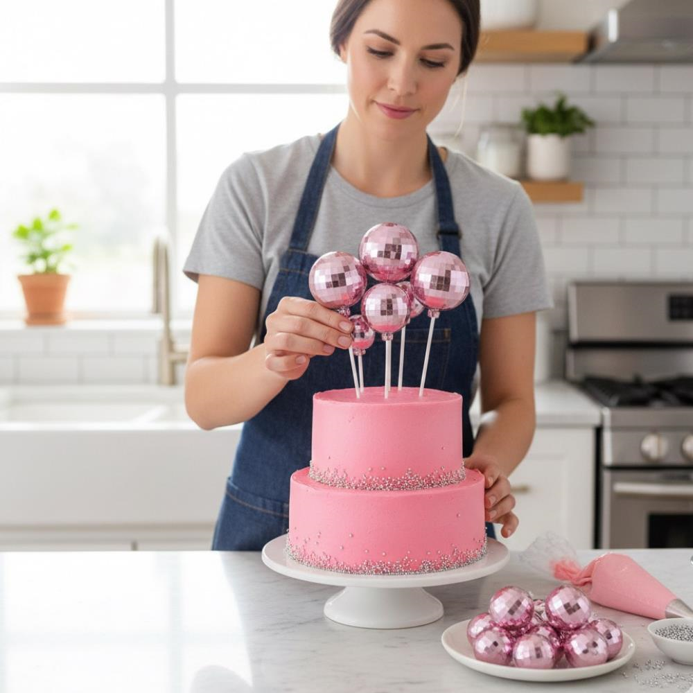 Disko Top Pembe – Pasta ve Tatlı Üzeri Dekoratif Süs (12’li Set)