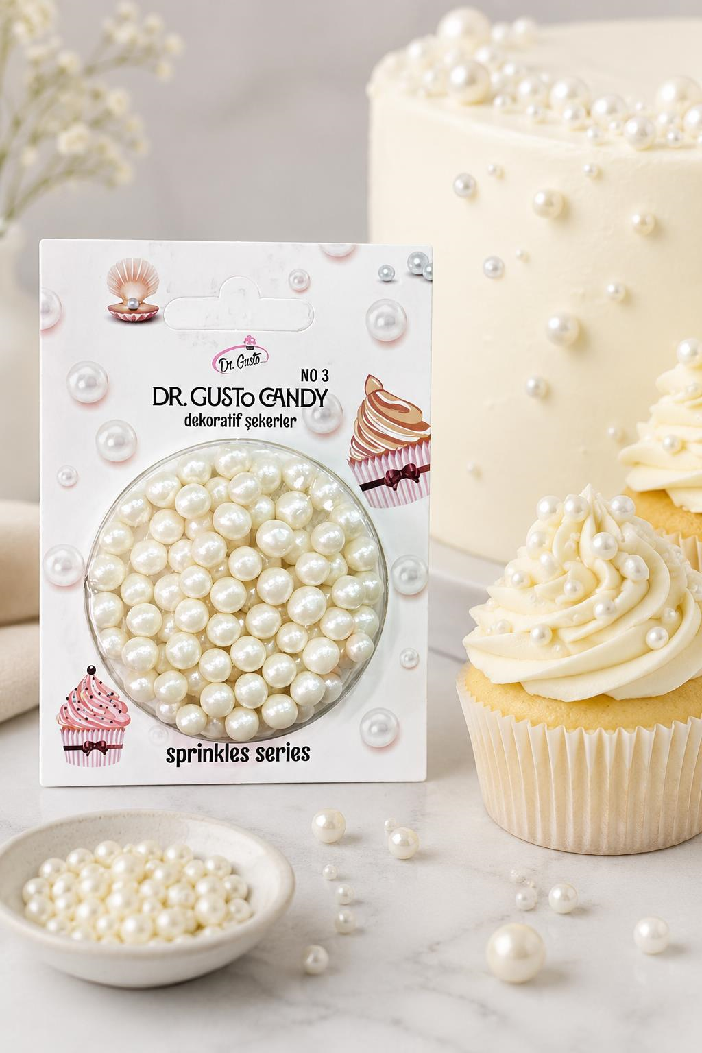 Dr. GustoDr. Gusto 6 mm İnci Beyazı Candy Boncuk Pasta Süsleme Şekeri