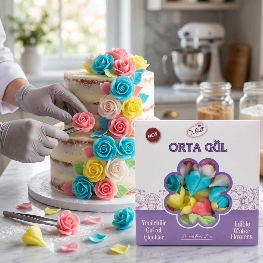 Gofret Gül Orta Boy 50 Adet (100 Yaprak) – Yenilebilir Pasta Süsleme Gülü