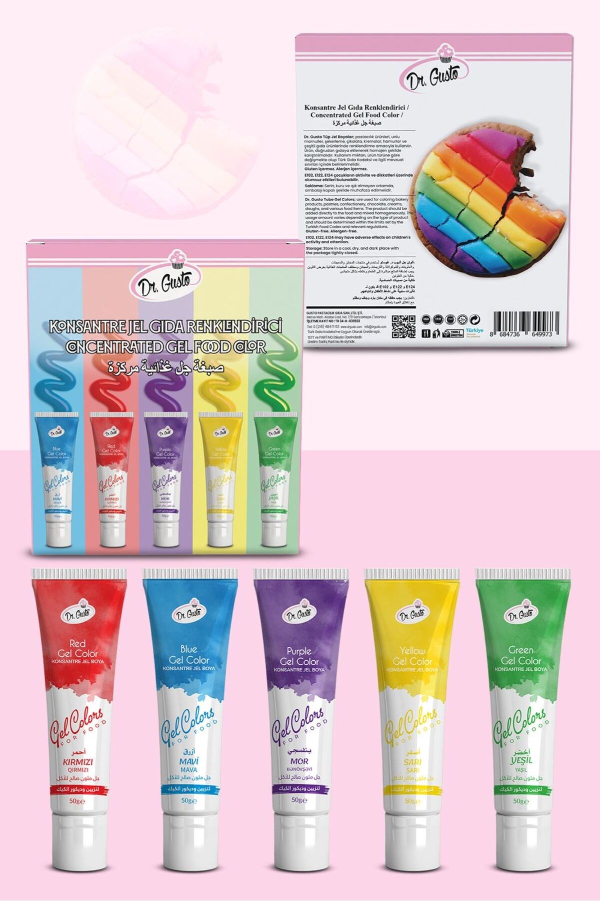 Dr. GustoJel Gıda Boyası Konsantre 5x50 GR 5'li Set Mavi Kırmızı Mor Sarı Yeşil