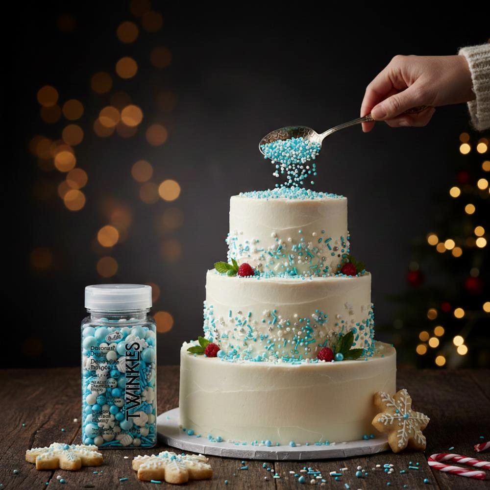 Kar Taneli Cupcake Ve Pasta Süsleme Şekeri Mavi Beyaz 100 g – Yılbaşı Konsept Dekor Şekeri