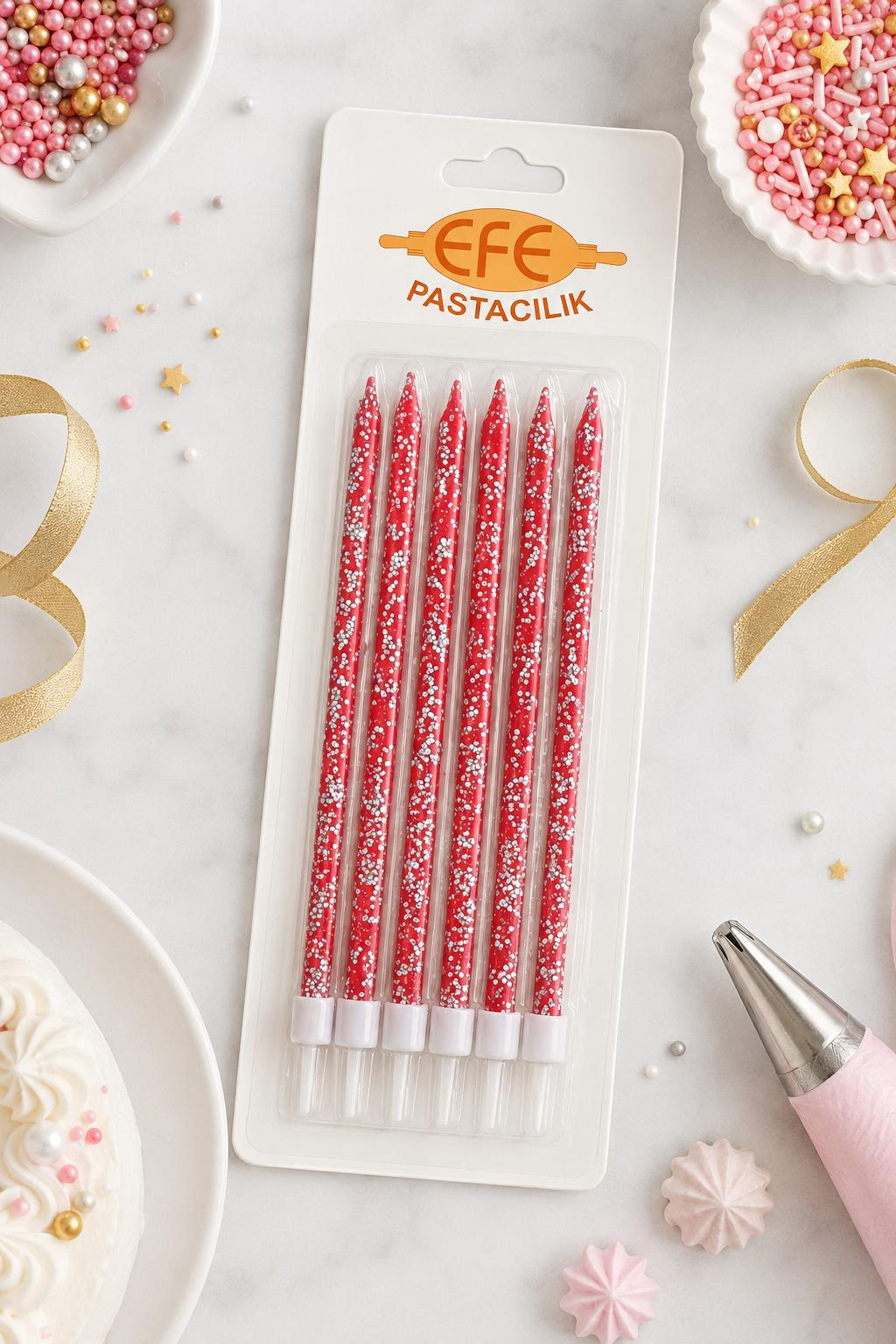 Kırmızı Gümüş Simli Uzun Pasta Mumu 17 Cm