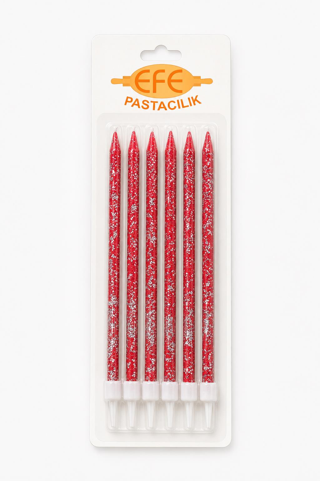 Kırmızı Gümüş Simli Uzun Pasta Mumu 17 Cm