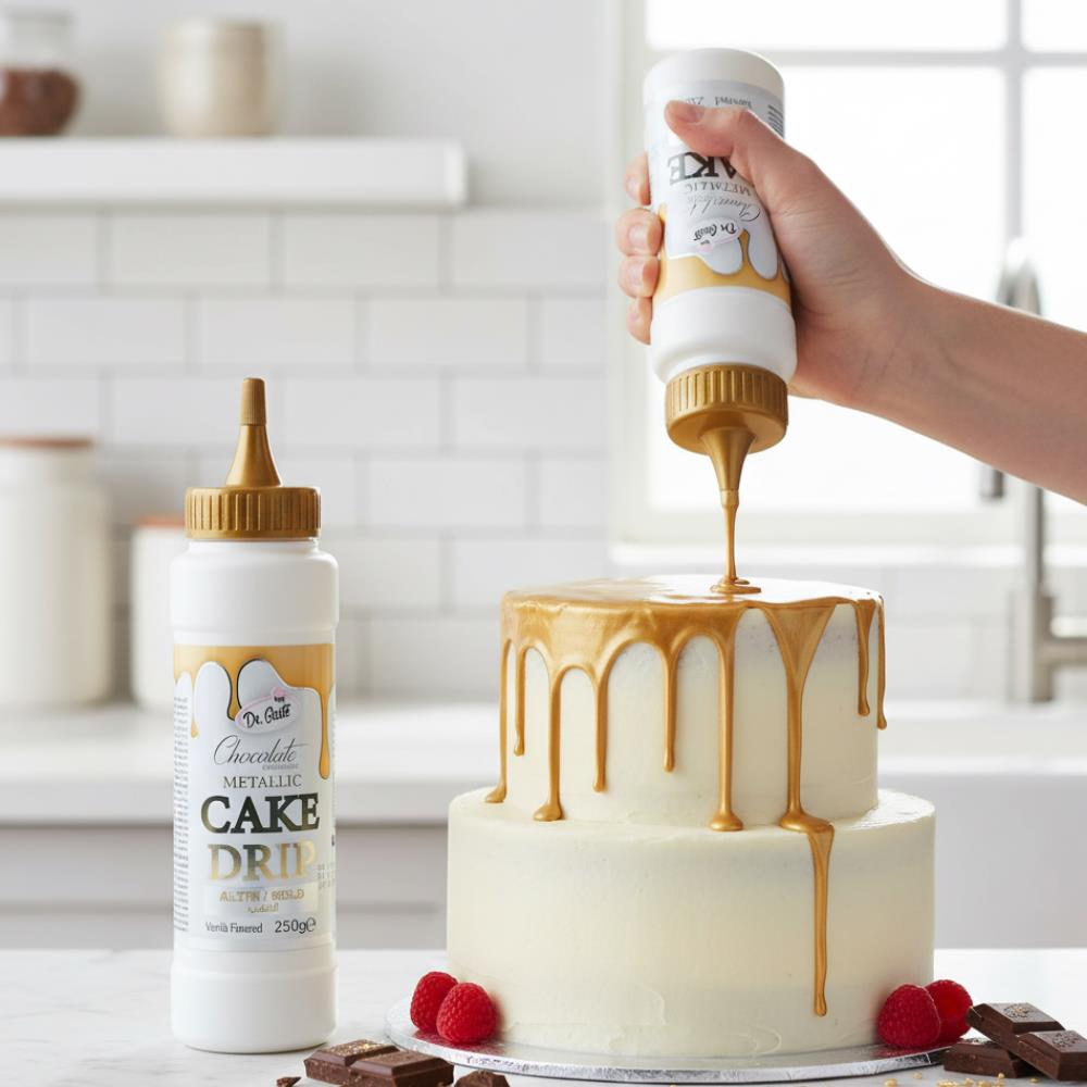 Metalik Altın Cake Drip 250 g – Pasta ve Tatlı Üzeri Parlak Altın Çikolata Kaplama Sosu