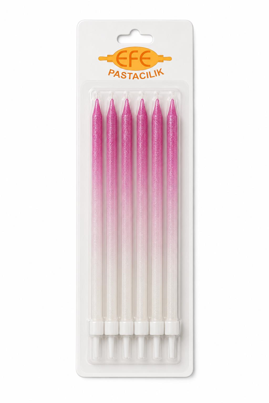 Metalik Beyaz Fuşya Uzun Pasta Mumu 17 Cm