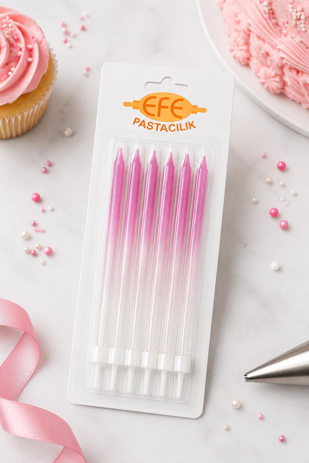 Metalik Beyaz Fuşya Uzun Pasta Mumu 17 Cm