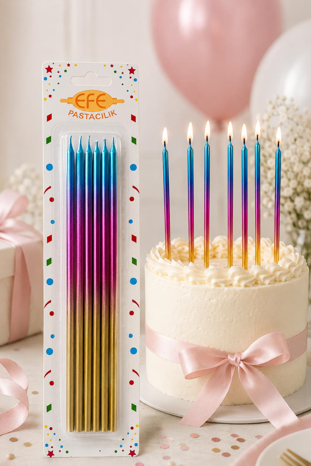 Metalik Gold Pembe Mavi Uzun Pasta Mumu 20 Cm