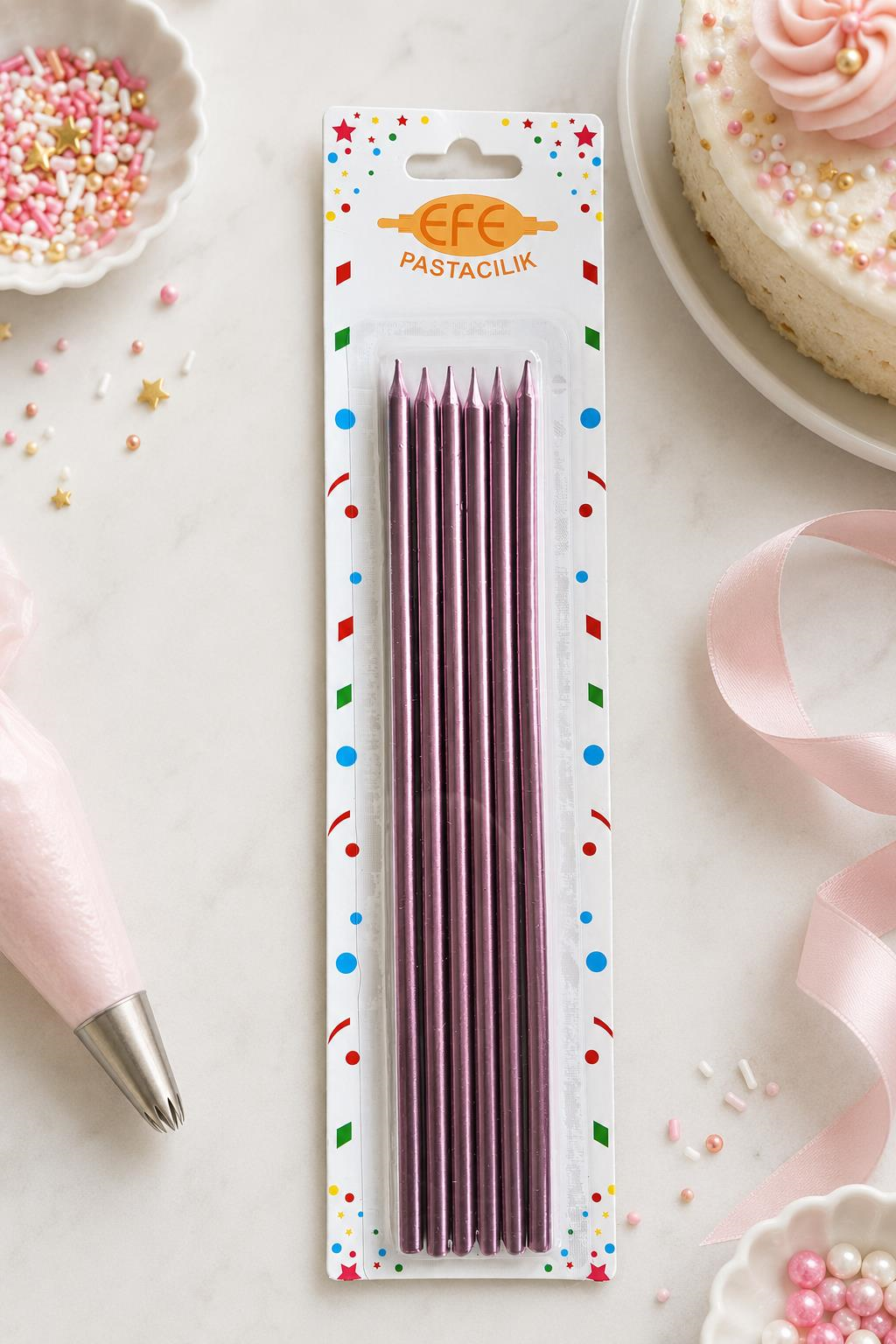 Metalik Rose Gold Pembe Uzun Pasta Mumu 20 Cm