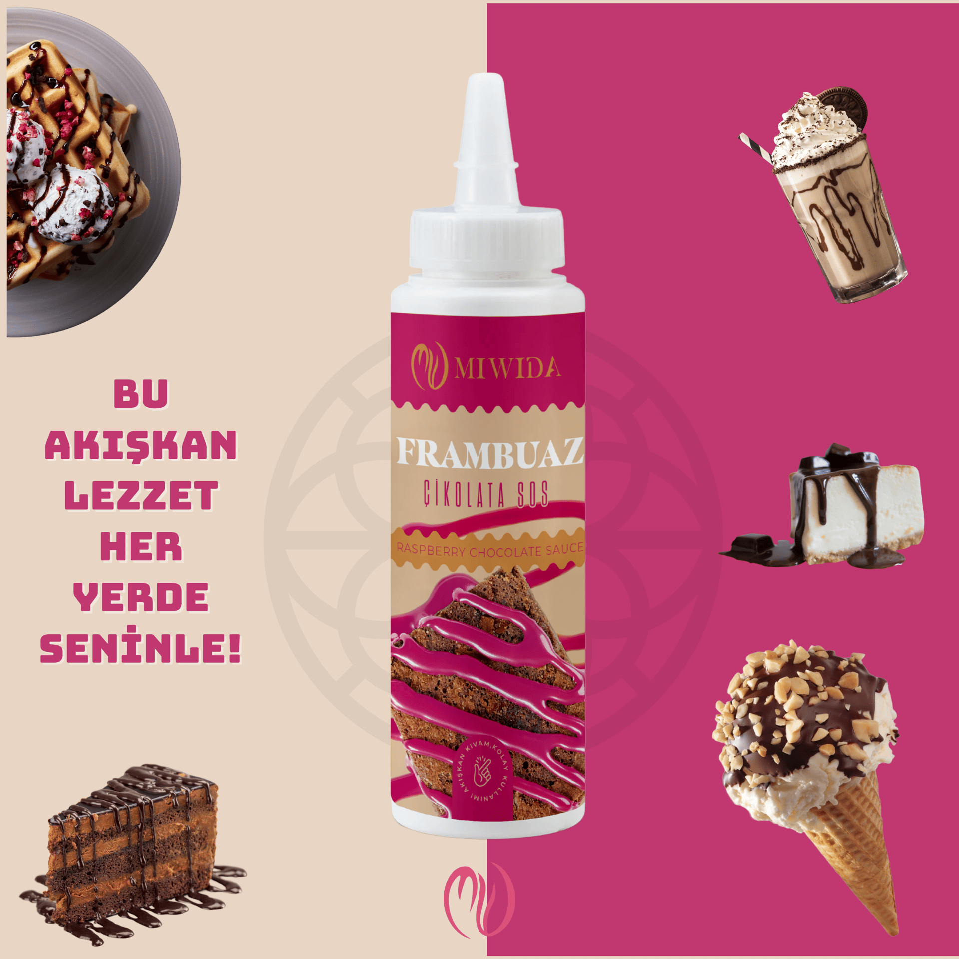 MİWİDA Frambuaz Aromalı Sos - Pratik Waffle, Pankek, Krep, Kruvasan ve Tatlı Sosu 330 Gr