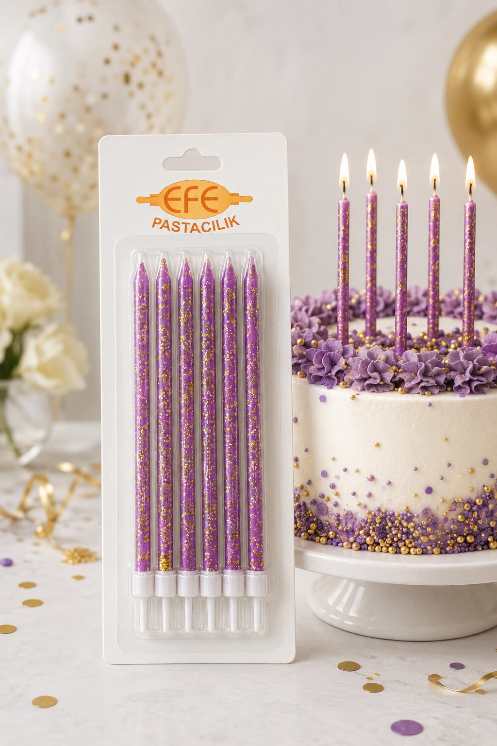 Mor Gold Simli Uzun Pasta Mumu 17 Cm